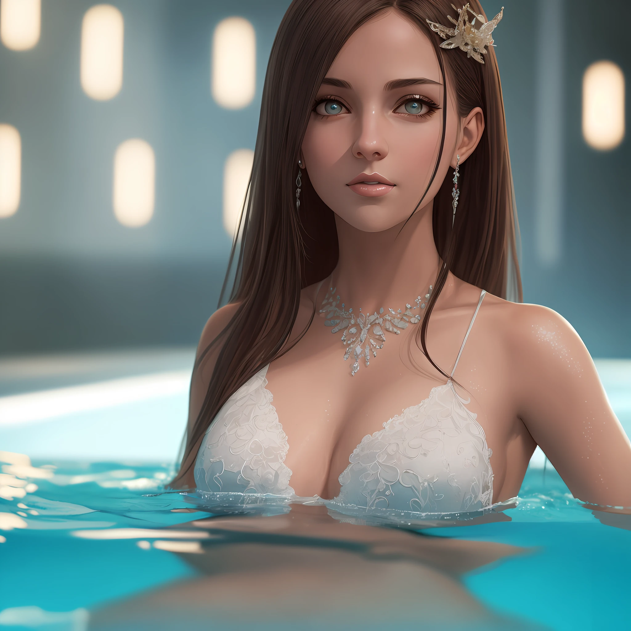Masterpiece, best quality, high quality, high definition, high quality textures, high quality shadows, high definition, beautiful details, highly detailed CG, detailed textures, realistic representation of faces, realistic, colorful, delicate, cinematic lights, side lights, lens reflections, ray strokes, sharp focus, a girl in the full body pool, with a mayor, --auto