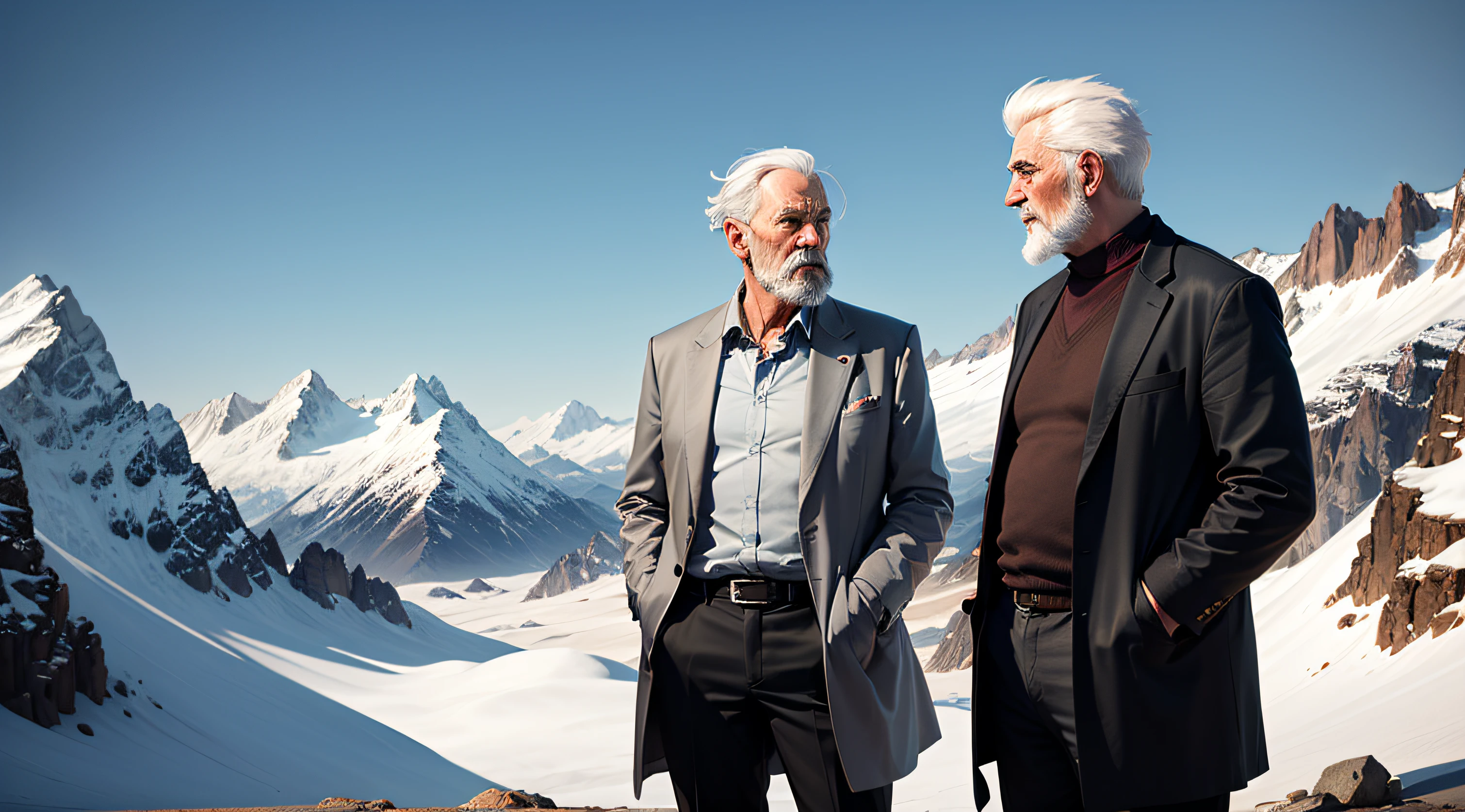 man and a wise old man standing talking, mountains, white beard, white hair --auto