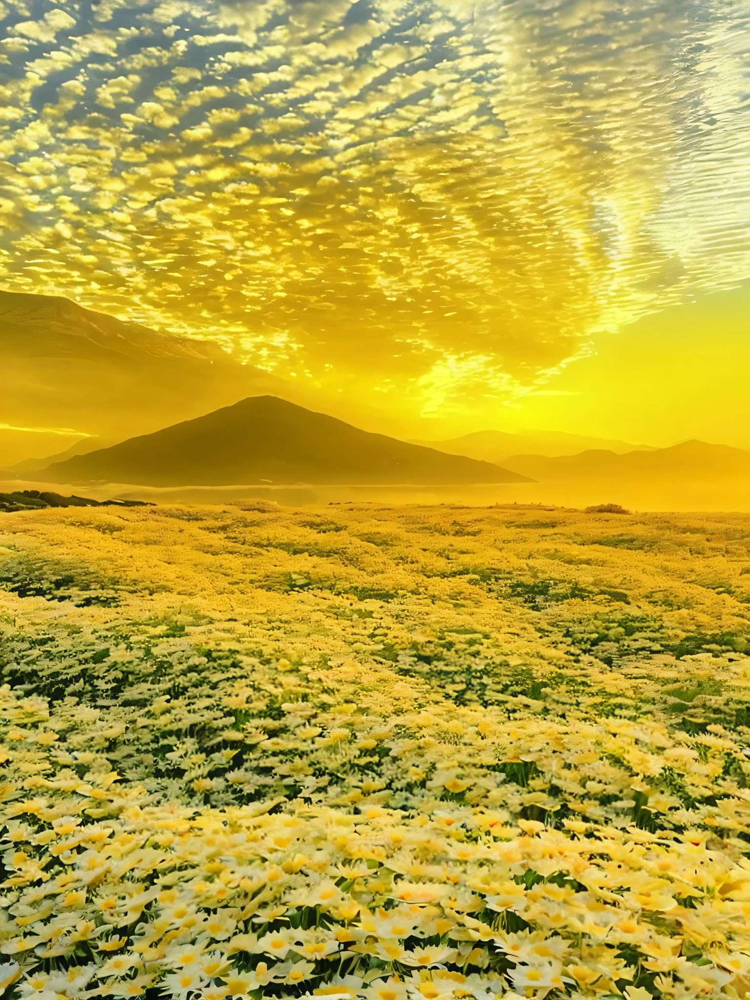 a close up of a field of flowers with a mountain in the background, stunning nature in background, warm beautiful scene, beatiful mountain background, natural landscape beauty, majestic nature scenery, heavenly landscape, yellow radiant magic, really beautiful nature, yellow mist, very beautiful photo, nature wallpaper, breathtaking landscape, golden morning light, beautiful wallpaper, yellow sky, golden rays of sunlight