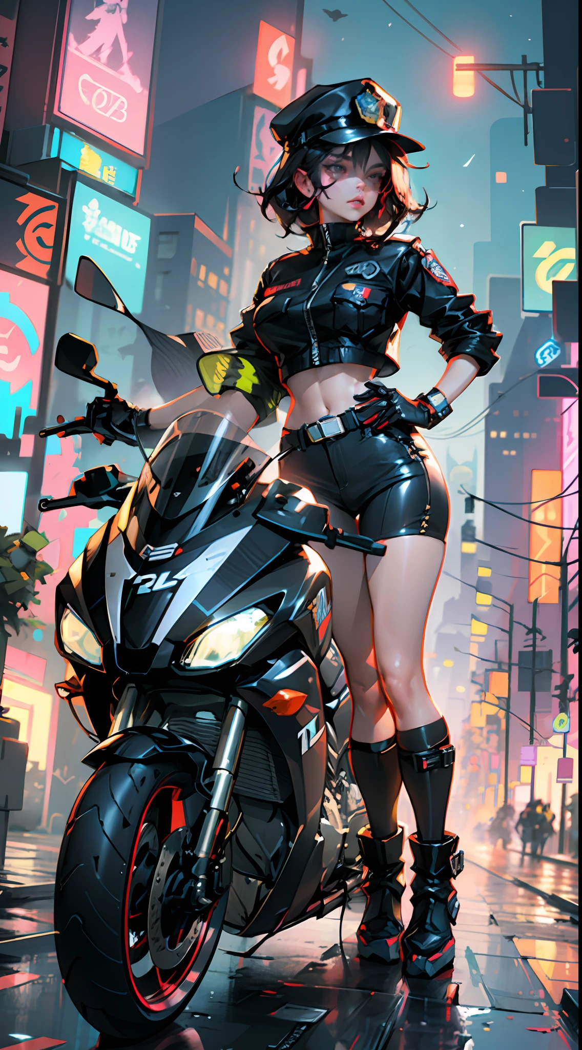 Beautiful woman medium hair, wearing cap, cyberpunk style short clothes, cyberpunk police woman, tomboy, Traffic Police, flying futuristic police motorcycle, police hovercycle patrol, night, neons