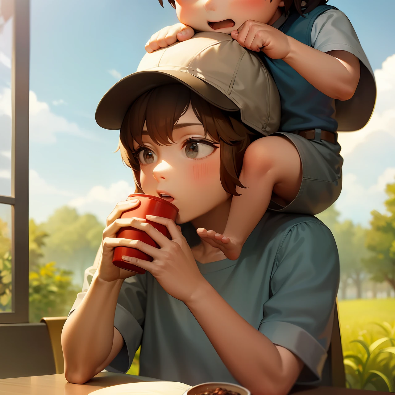 Father in cap eating with his children on his shoulders