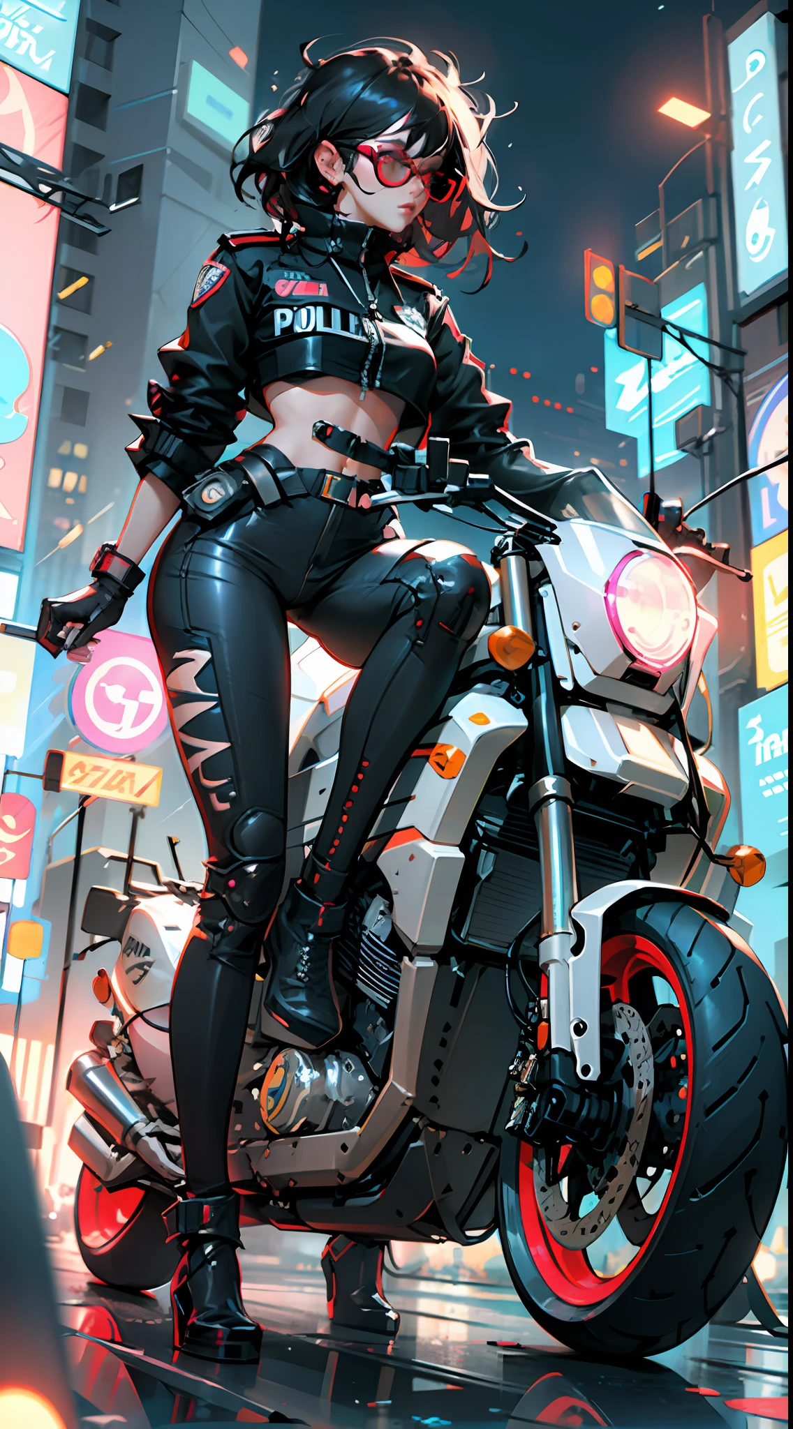 Beautiful woman medium hair, wearing cap, cyberpunk style short clothes, cyberpunk police woman, tomboy, Traffic Police, flying futuristic police motorcycle, police hovercycle patrol, night, neons