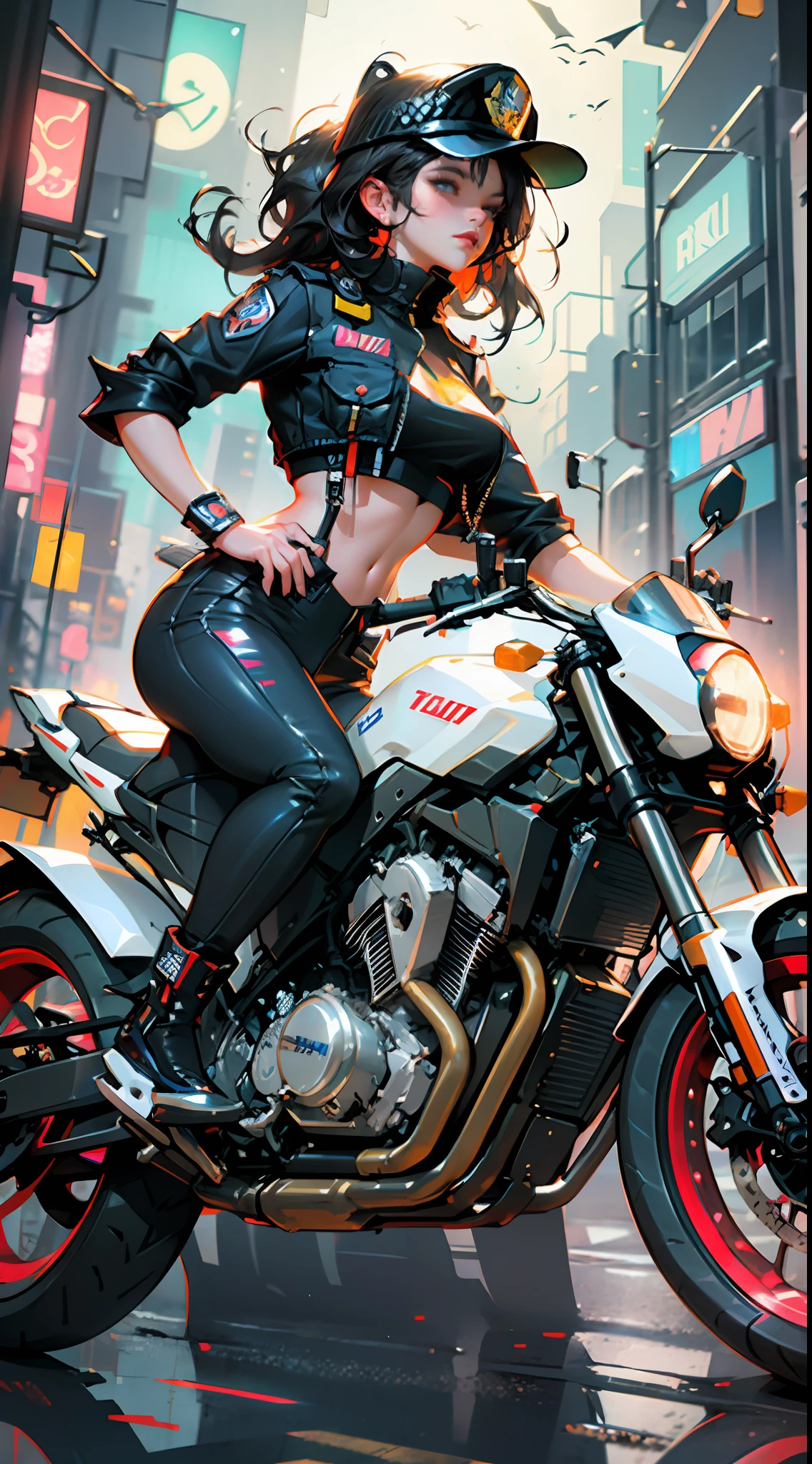 Beautiful woman medium hair, wearing cap, cyberpunk style short clothes, cyberpunk police woman, tomboy, Traffic Police, flying futuristic police motorcycle, police hovercycle patrol, night, neons