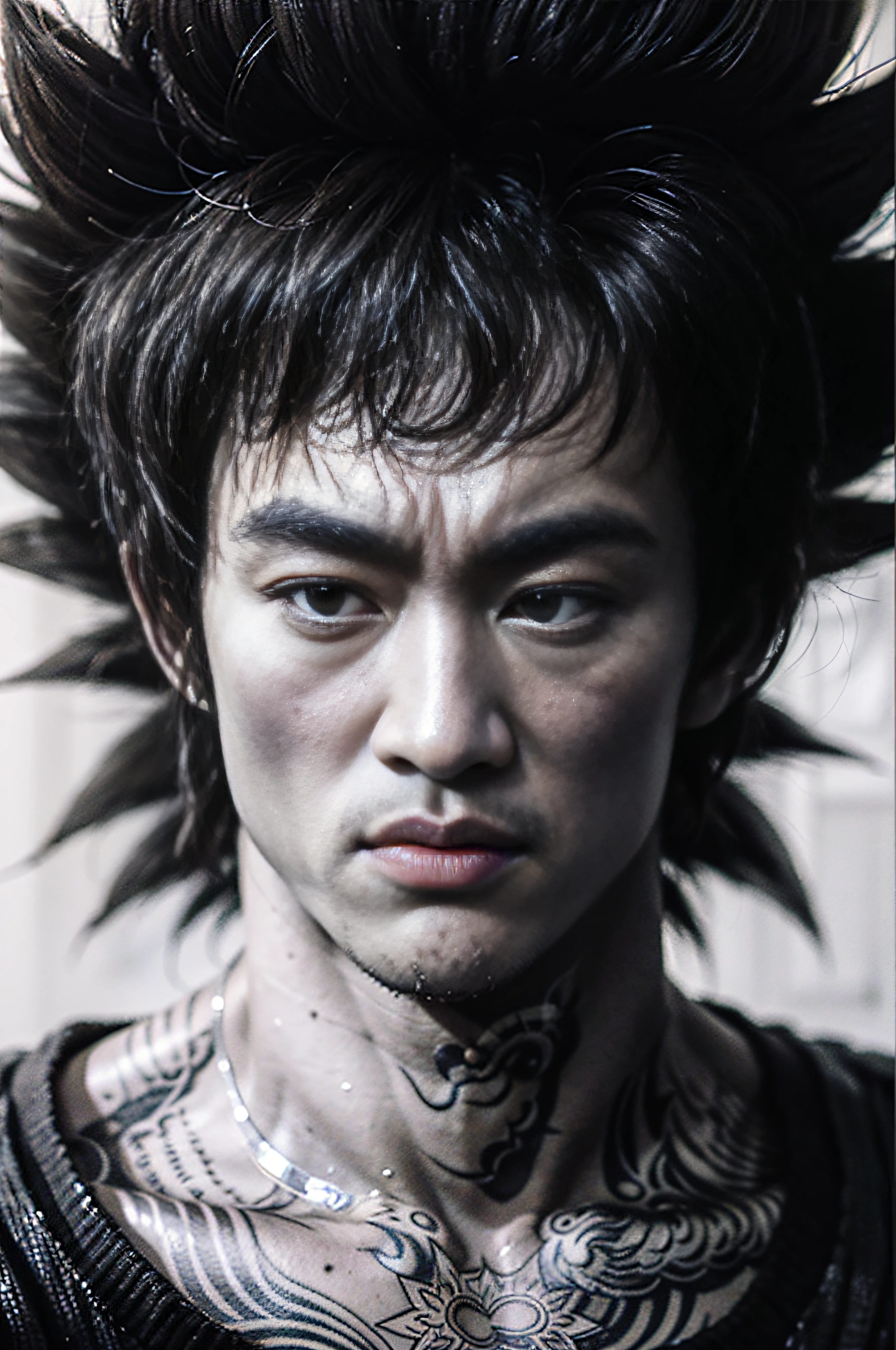 ((a drawing of Bruce Lee with neck and chest tattoos)), (looking straight to the camera), highly detailed portrait of Bruce Lee, Bruce Lee portrait, portrait of Bruce Lee, photorealistic human Bruce Lee, striking manga artstyle, highly detailed angry anime face, human Bruce Lee, wild spiky black saiyan hair, dragon ball artstyle, symmetry!! portrait of Bruce Lee, digital manga art, Bruce Lee