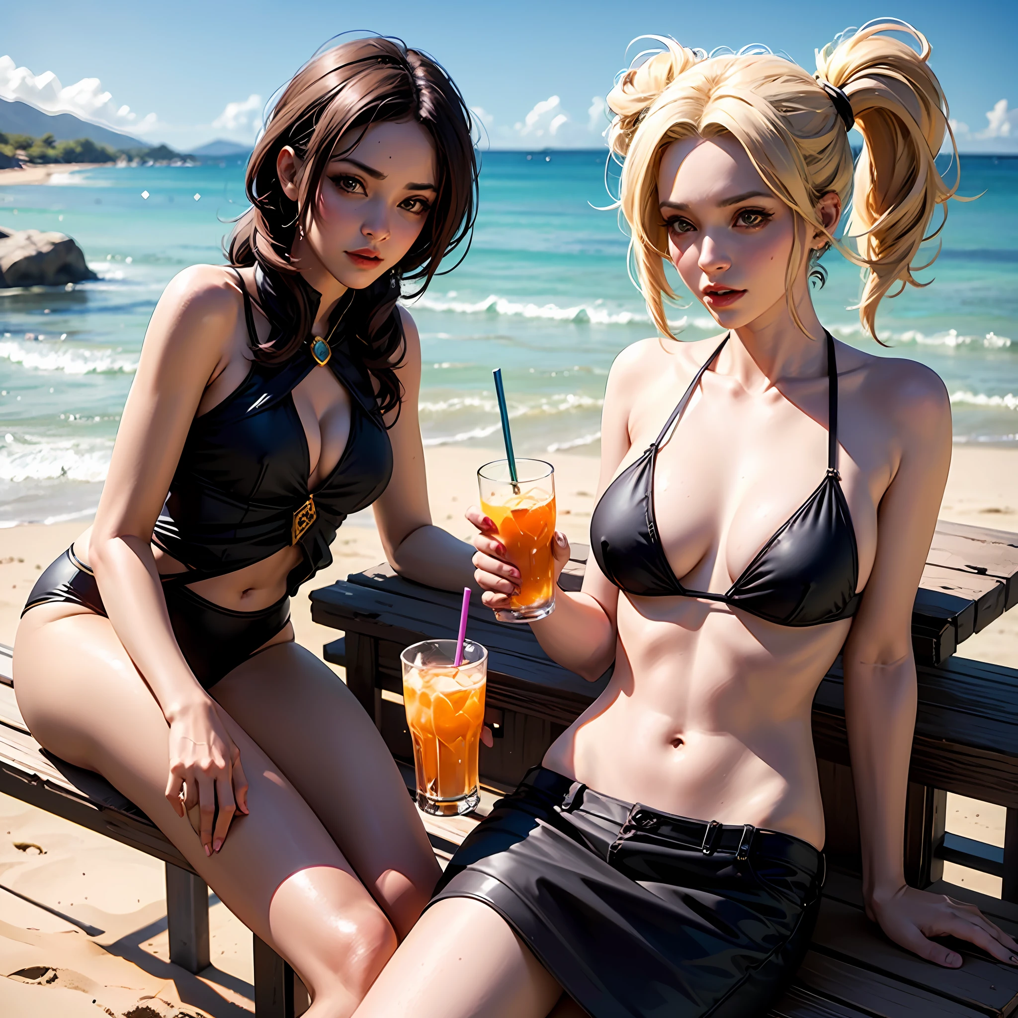 araffe woman in a black bikini on a beach with drink in hand, epic 3 d oshun, glamourous cosplay, faye valentine, mercy from overwatch, inspired by Gil Elvgren, orianna, cory chase as an atlantean, ornate cosplay, mercy ( overwatch ), nami from one piece --auto