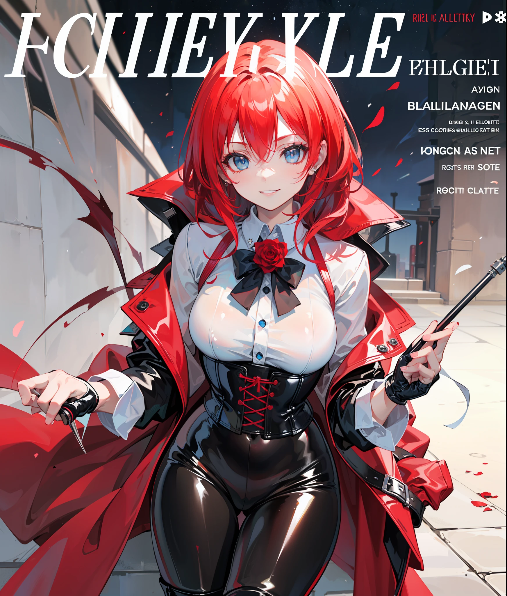 (girl), ((red hair)), (shaved temple),(Long hair)) ((black latex leggings)), ((latex short boots)), (fingerless gloves) ((white shirt)), (red cloak on hips), ((Soldier)), ((evil smile)) ((roses on clothes)), ((fire magic in hand)), ((magazine cover)), ((belligerence)), (small breasts), ((1 person)), ((one girl)) ((portrait)), (black late corset), ((night in the background)), ((ice blue eyes)), ((burgundy hair)), ((without sexualization)), ((solo)), (((Closed clothes)))