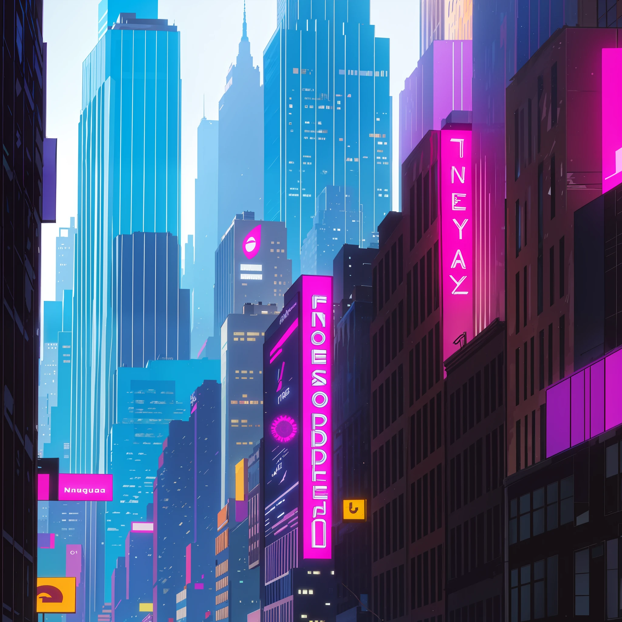 Comic style, masterpiece, best quality, New York City, buildings, urban. No character. No character. Use magenta and cyan colors