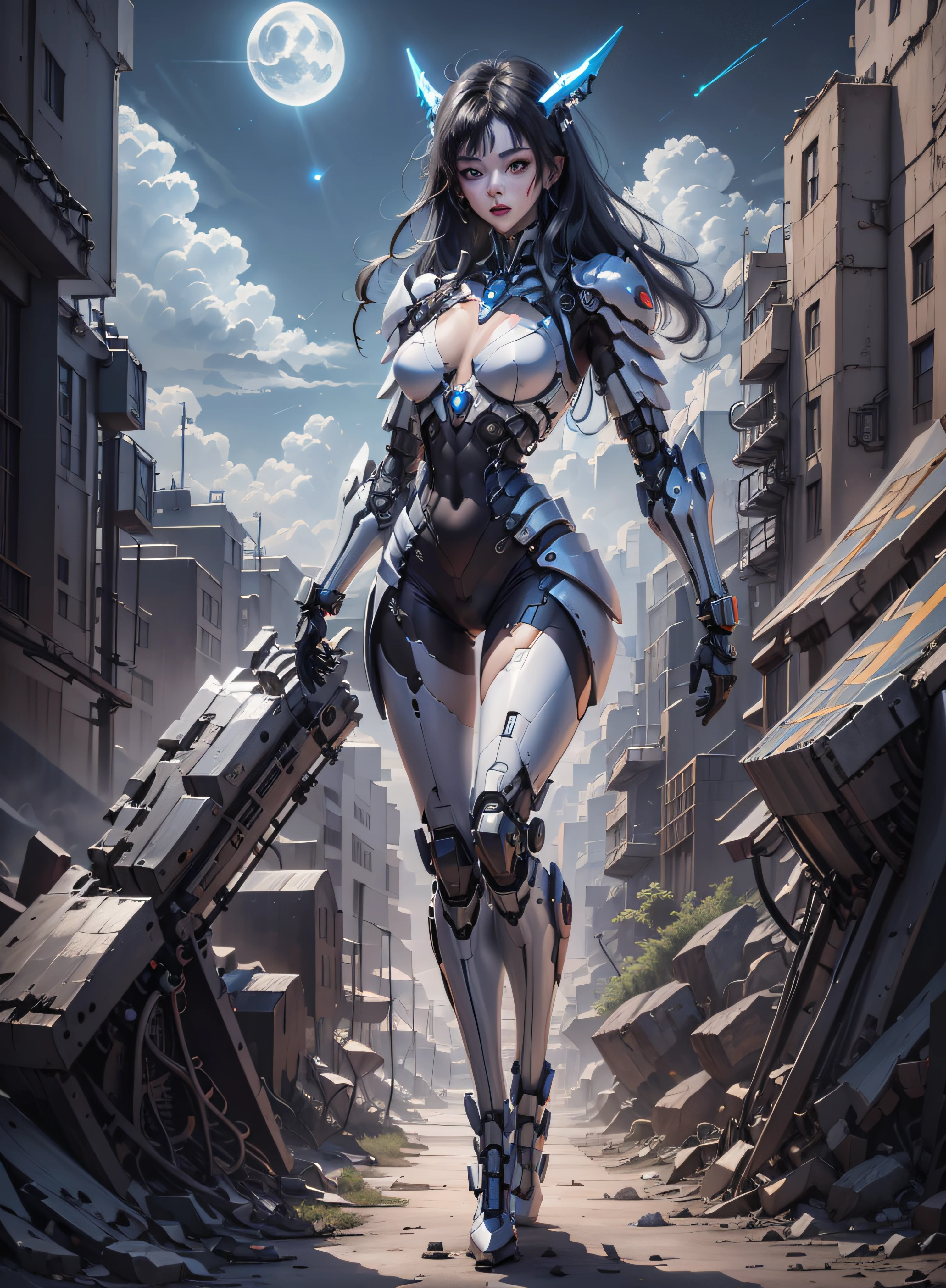 High definition (8k), Beautiful woman detailed defined body, bluish black hair, sexy full body pose wearing conan the barbarian cosplay, medium breasts, high tech blue uniform, cyberpunk, futuristic, scenery with night sky with clouds, moon,
