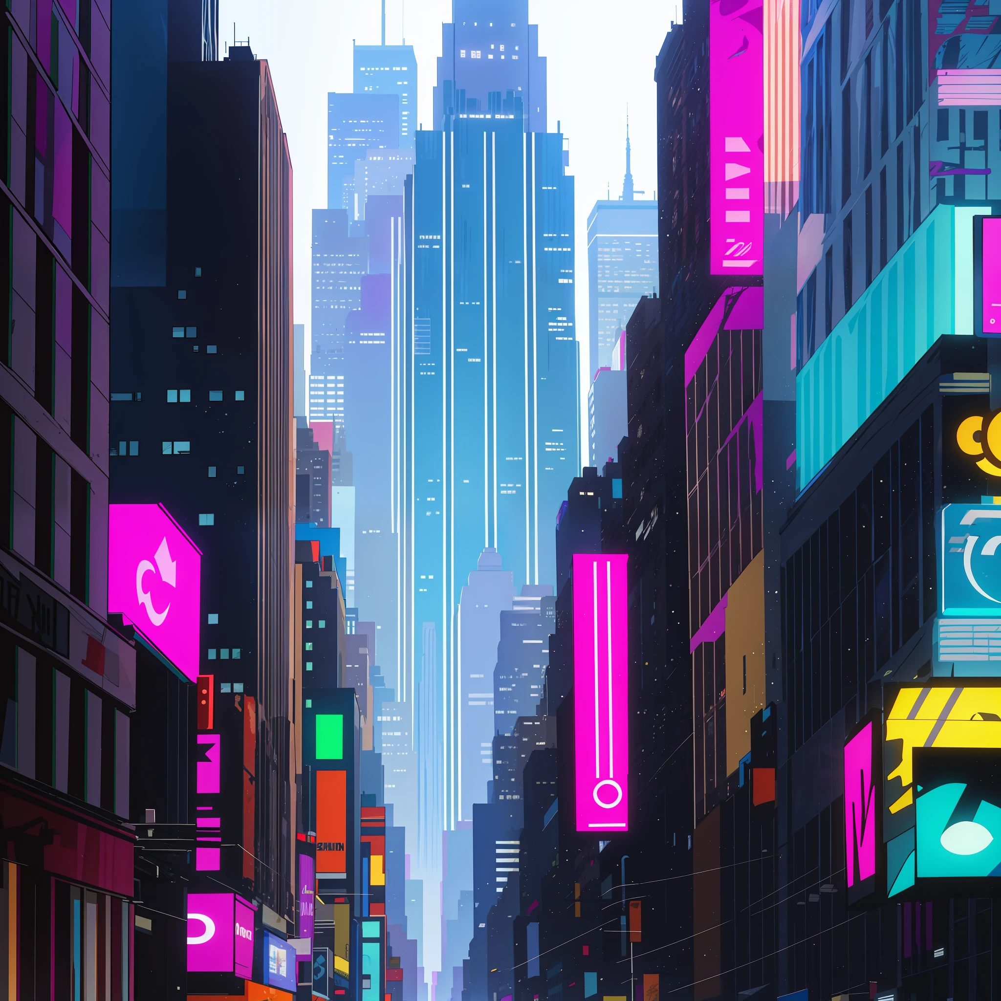 Comic style, masterpiece, best quality, New York City, buildings, urban. No character. No character. Use magenta and cyan colors