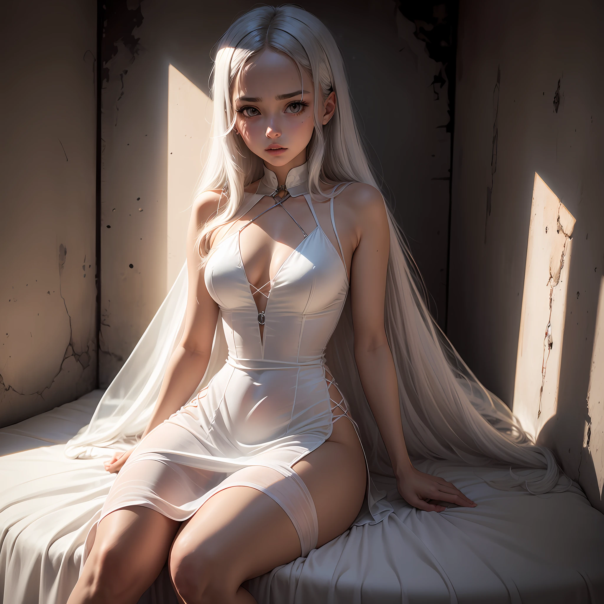 The girl is locked up. Only one girl. Girl: With long curly hair, white skin, dark eyes, beautiful face, fragile figure. She sits in the dungeon. She is tied to a bed. She is wearing a thin dress. A translucent dress. A white dress. All around her are only gloomy and gray walls. There is only a bed in her cage. Dark atmosphere. Masterpiece. Hyper detailed. Anime style. --auto