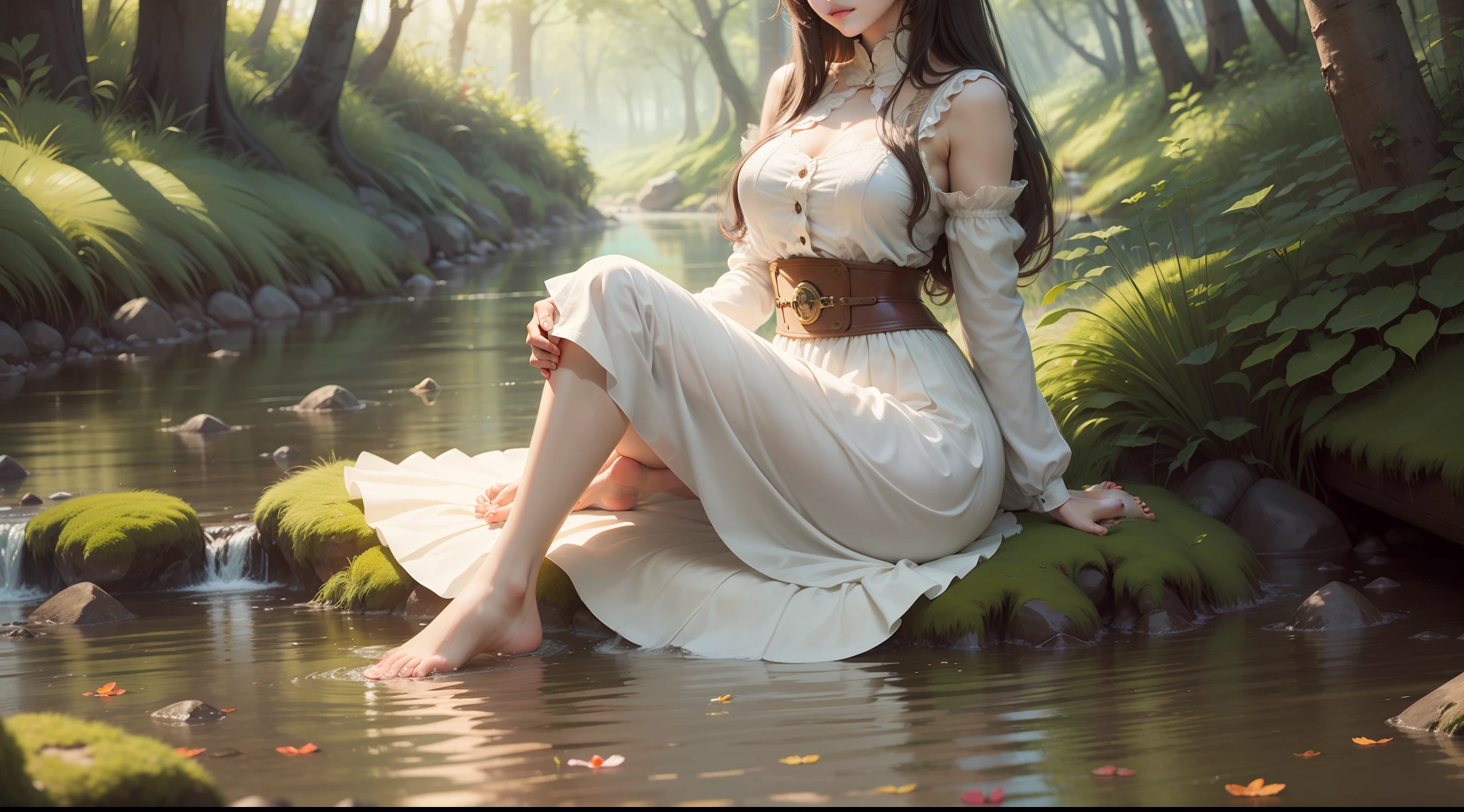 Maiden, playful, beautiful, soft, by the stream, barefoot, bareleged, long legs, picture ratio 16:9, bright eyes. Delicate face, long skirt