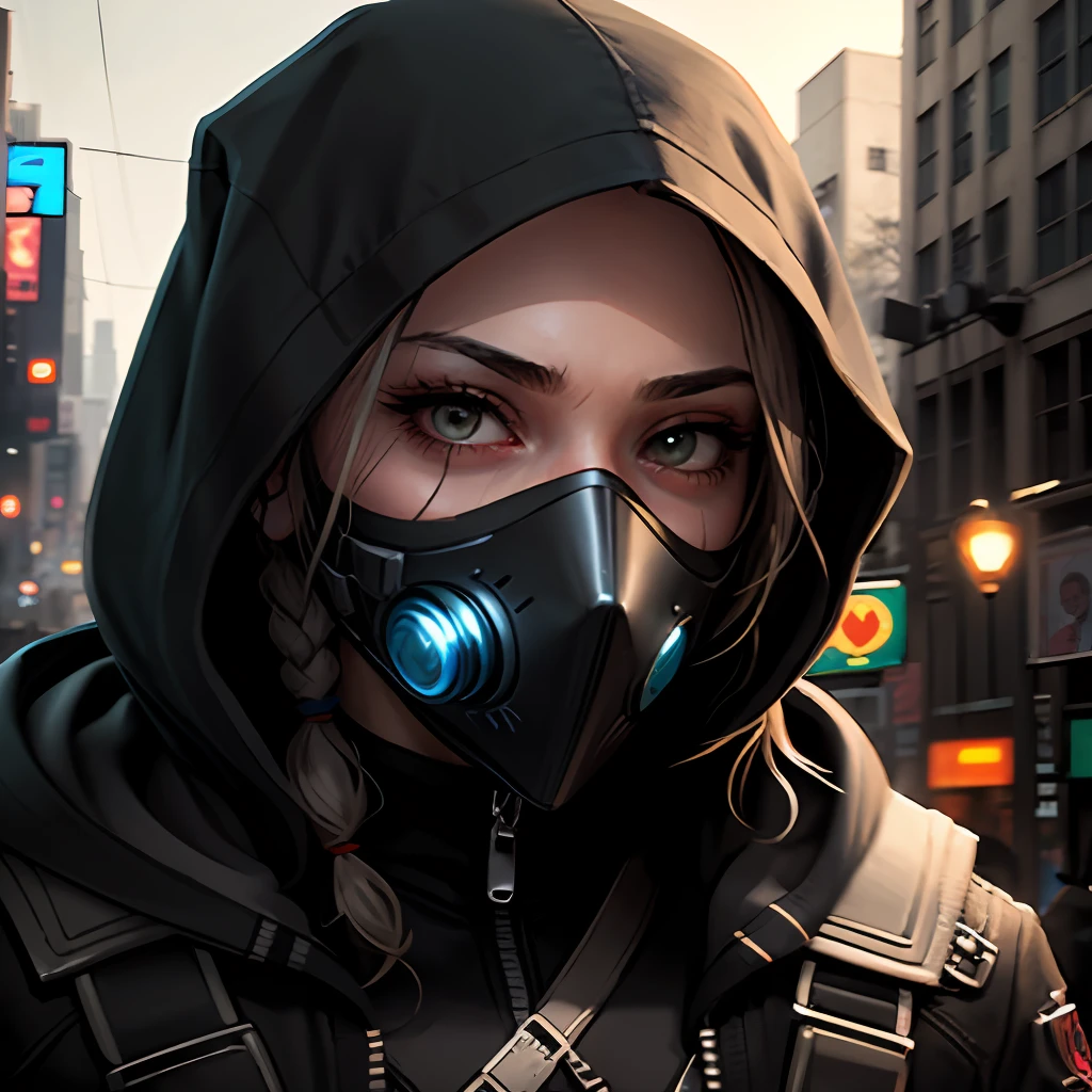 A person with a cyberpunk-style hood, face partially covered by the shadow of the hood. --auto