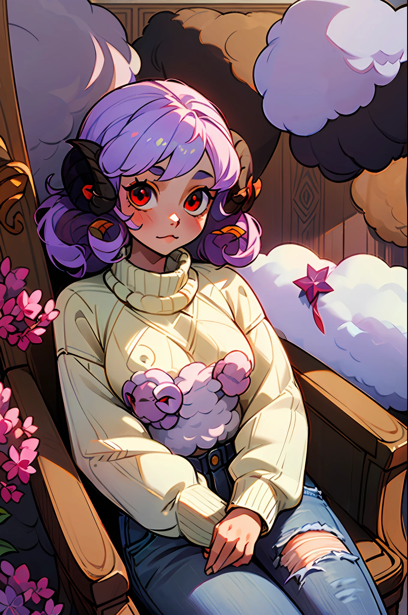 ((A Girl with sheep features):1.5) ,curly hair, (wearing a lilac wool sweater:1.4), ((red eyes):1.3),jeans, black boot, looking at the viewer, in the (star room) , dark plank chao ,sitting in the (armchair/modern), arms propped up on the armchair