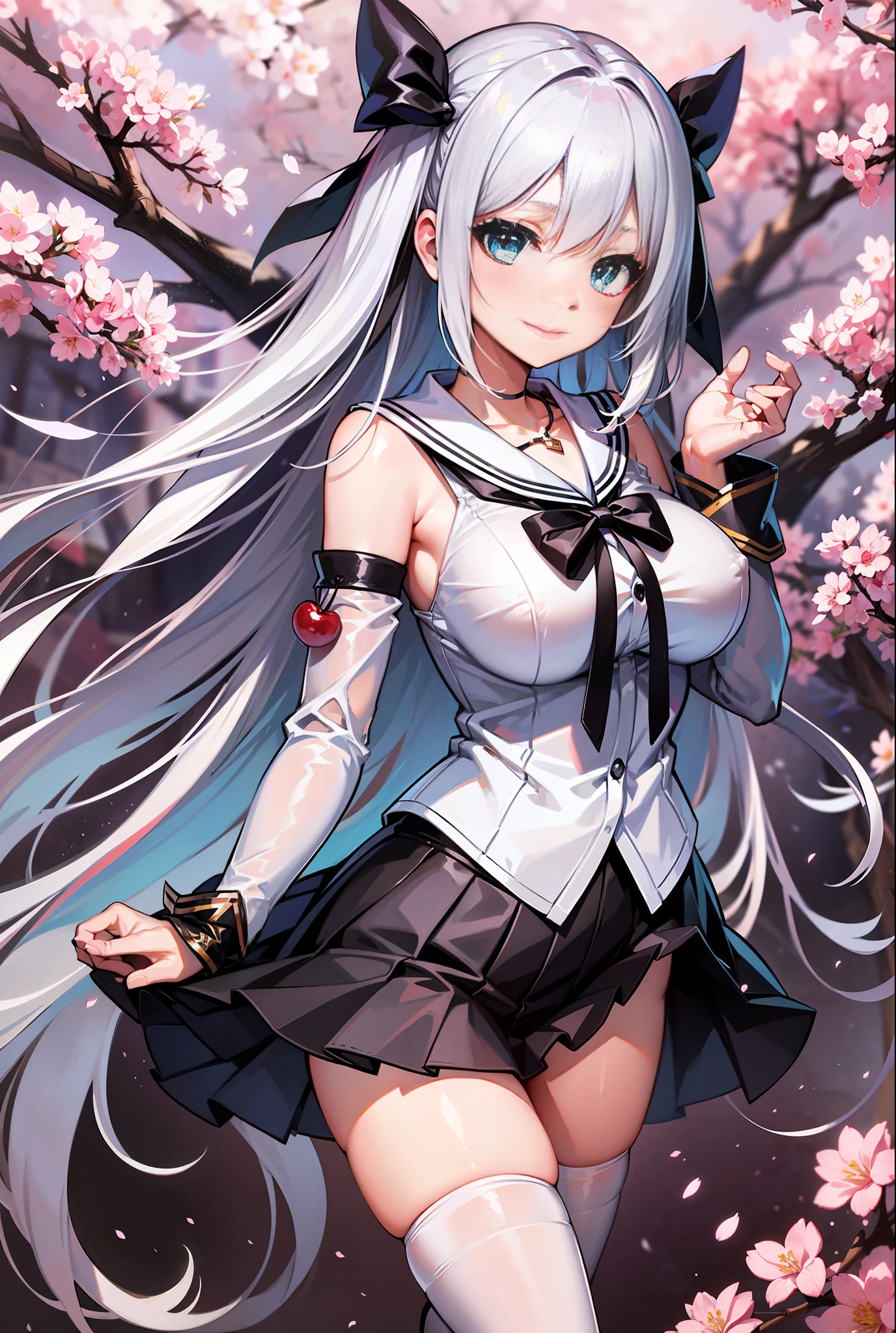 Long shot,Defined ‘real’ light source,1girl,breast focus,looking at viewer,smile,light smile,looking at viewer,aqua eyes,shy,very long hair,black hair,white hair,silver hair,blonde hair,huge breasts,wet,zettai ryouiki,school uniform,ribbon-trimmed sleeves,pleated skirt,miniskirt,white stocking,white pantyhose,necklace,hair bow,torn thighhighs,bow,hair ribbon,in spring,floating sakura,cherry tree,cherry blossoms,colorful startrails,Medium shot