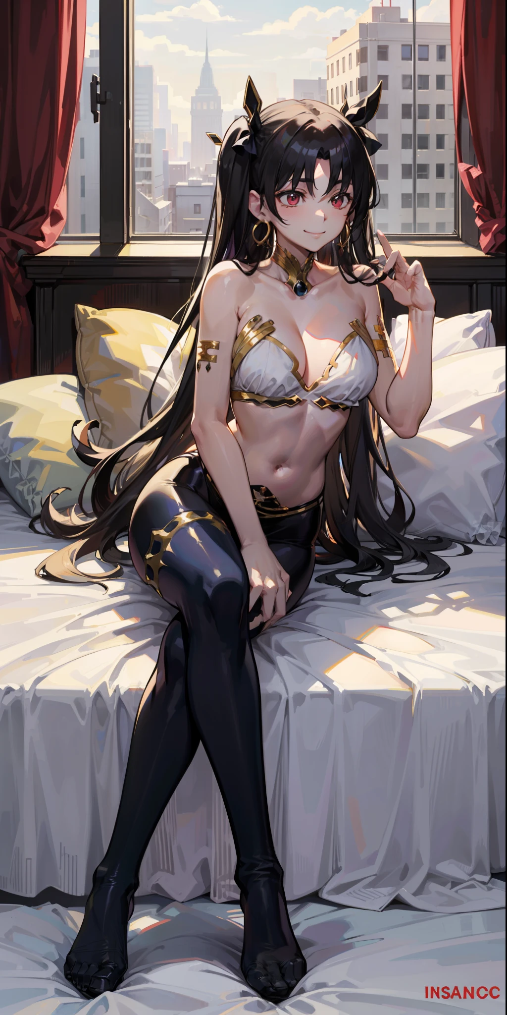 No bra, sexy lingerie, no bra, pantyhose very torn, torn, ishtar, fate, grabbing breasts, white skin, pale, day hotel room, sitting on bed, crossed legs, sensual smile, 4k, best quality, masterpiece, beautiful body, sensual, whole body