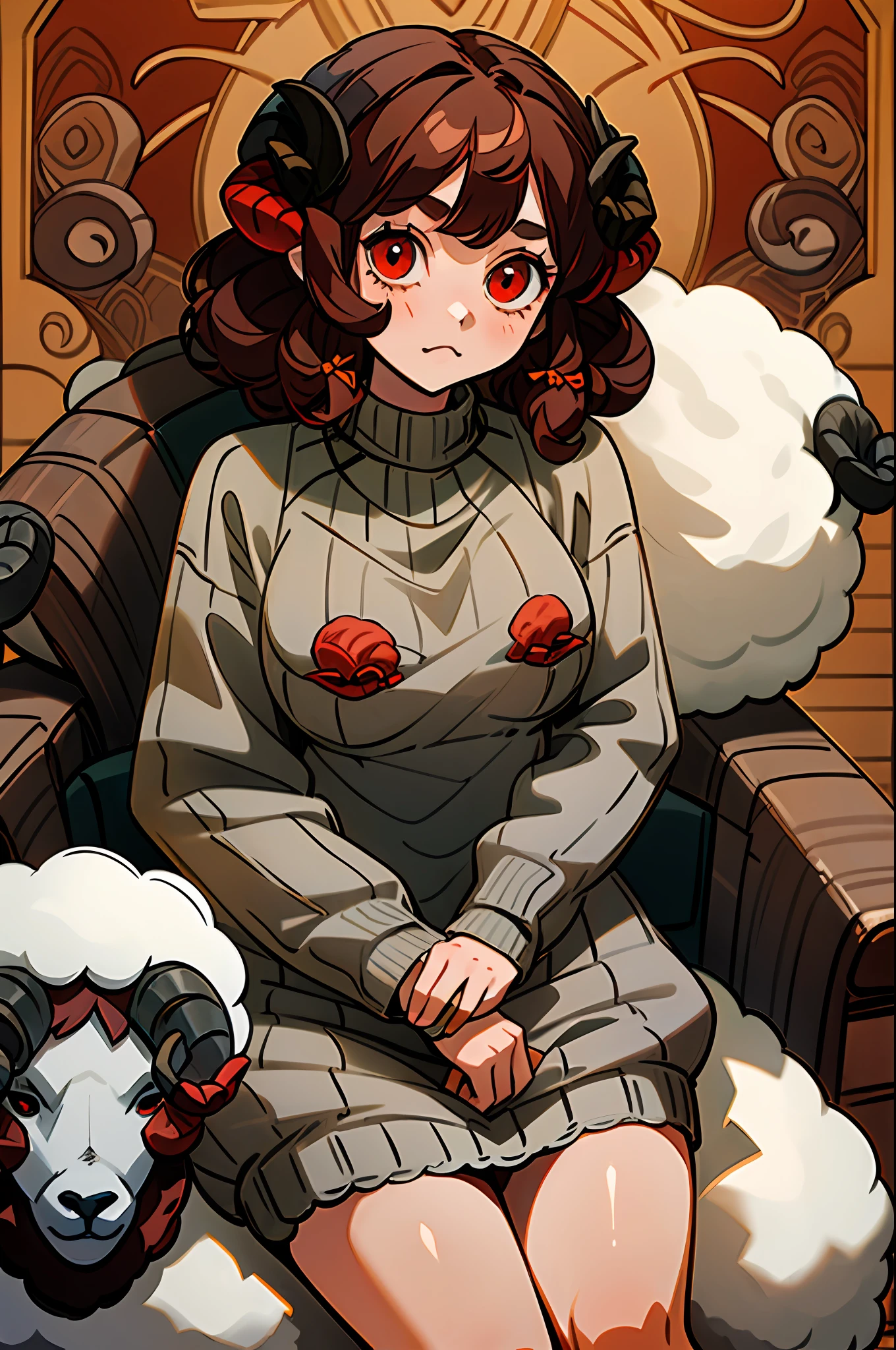 ((Girl with sheep horns):1.5) ,((brown curly hair):1.2), (wearing a gray wool sweater:1.4), ((red eyes):1.3), looking at the viewer, in the (star room), dark plank floor, sitting in the (armchair/modern), arms propped up on the armchair