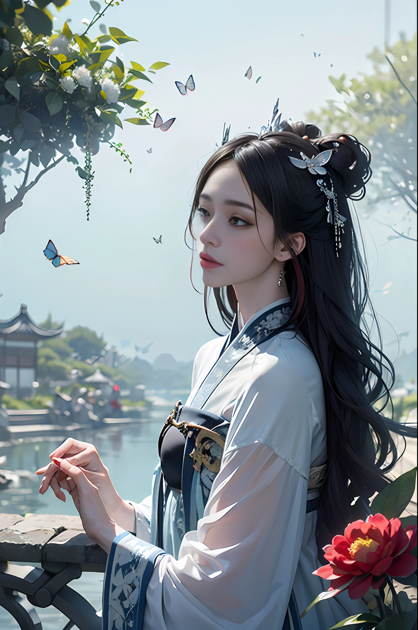 official art, Unity 8k wallpaper, super detailed, beautiful, beautiful, masterpiece, best quality, mystery, romanticism, horror, literature, art, fashion, tang dynasty era, decoration, intricate, embroidery, blue hanfu, white tulle coat, 1 girl, black hair, peony hairpin, sad, fatalistic, bust composition, dramatic composition, movie lighting, dynamic perspective, full of temptation, white flowers, blue flowers, red flowers, butterflies flying, Chinese dynasty garden background, hazy, foggy, dramatic composition,