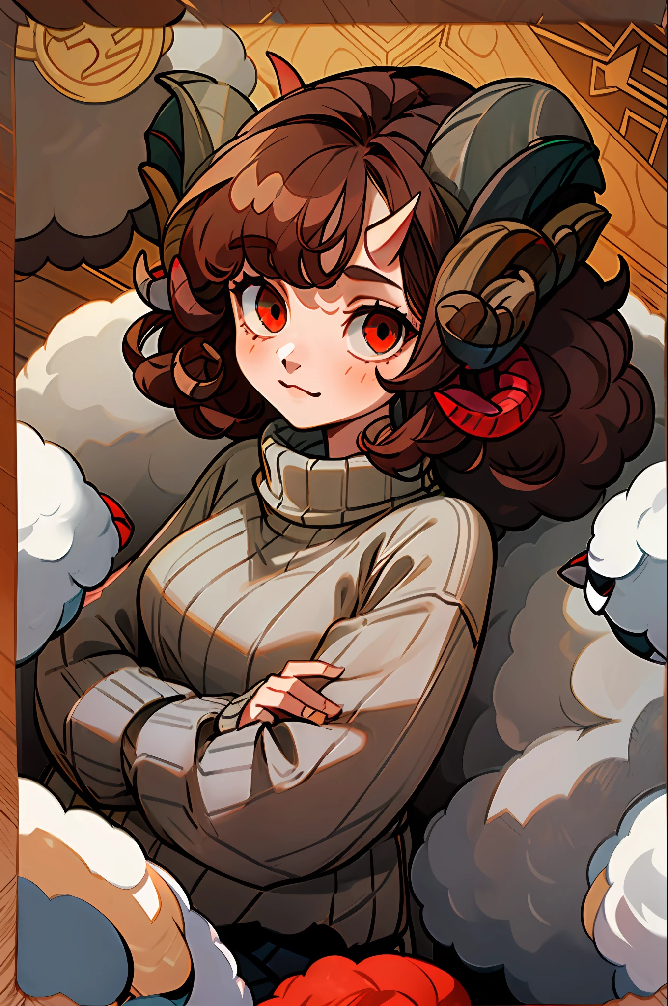 ((Girl with sheep horns):1.5) ,((brown curly hair):1.2), (wearing a gray wool sweater:1.4), ((red eyes):1.3), looking at the viewer, in the (star room), dark plank floor, sitting in the (armchair/modern), arms propped up on the armchair