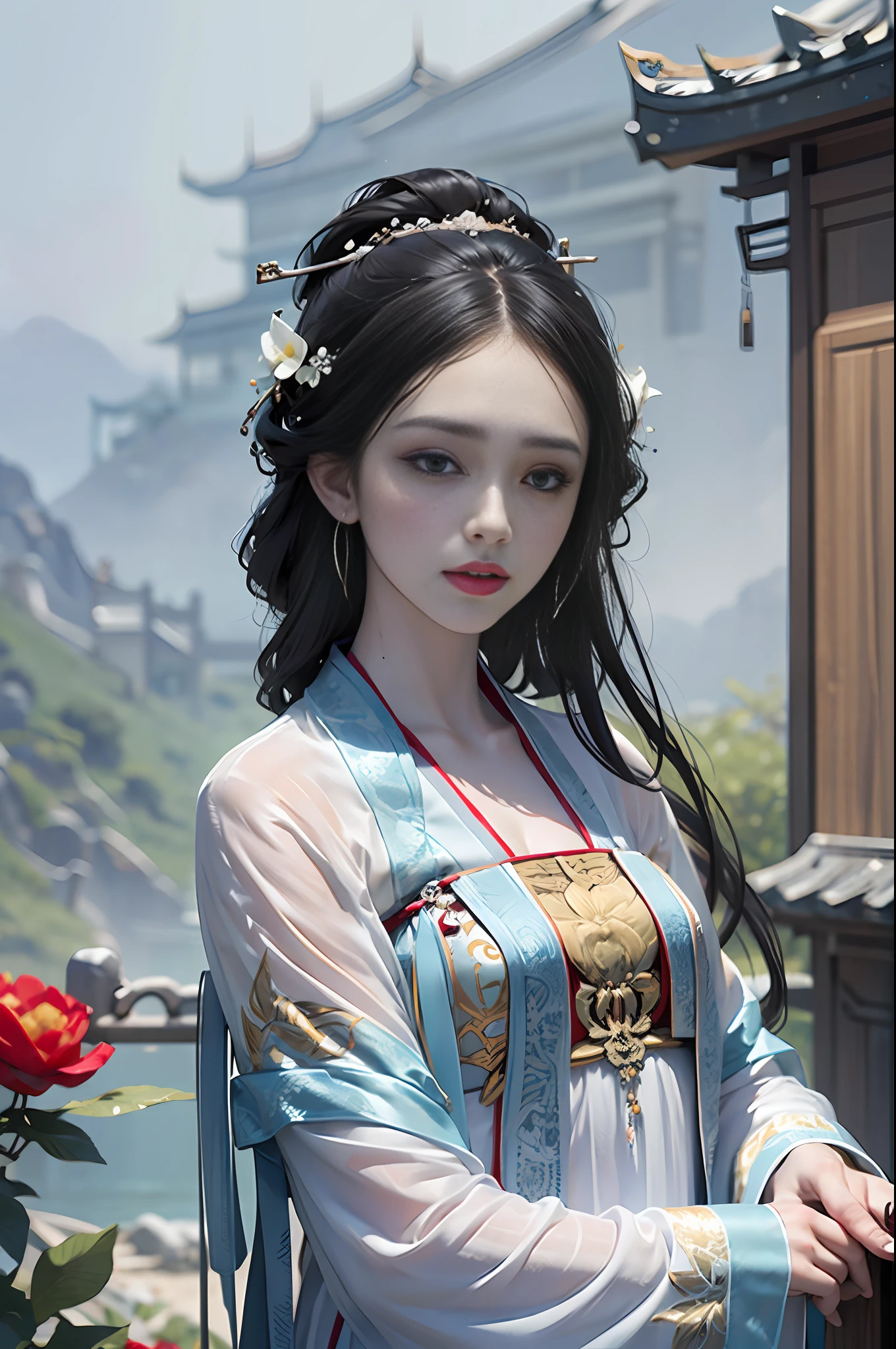 official art, Unity 8k wallpaper, super detailed, beautiful, beautiful, masterpiece, best quality, mystery, romanticism, horror, literature, art, fashion, tang dynasty era, decoration, intricate, embroidery, blue hanfu, white tulle coat, 1 girl, black hair, peony hairpin, sad, fatalistic, bust composition, dramatic composition, movie lighting, dynamic perspective, full of temptation, white flowers, blue flowers, red flowers, butterflies flying, Chinese dynasty garden background, hazy, foggy, dramatic composition,