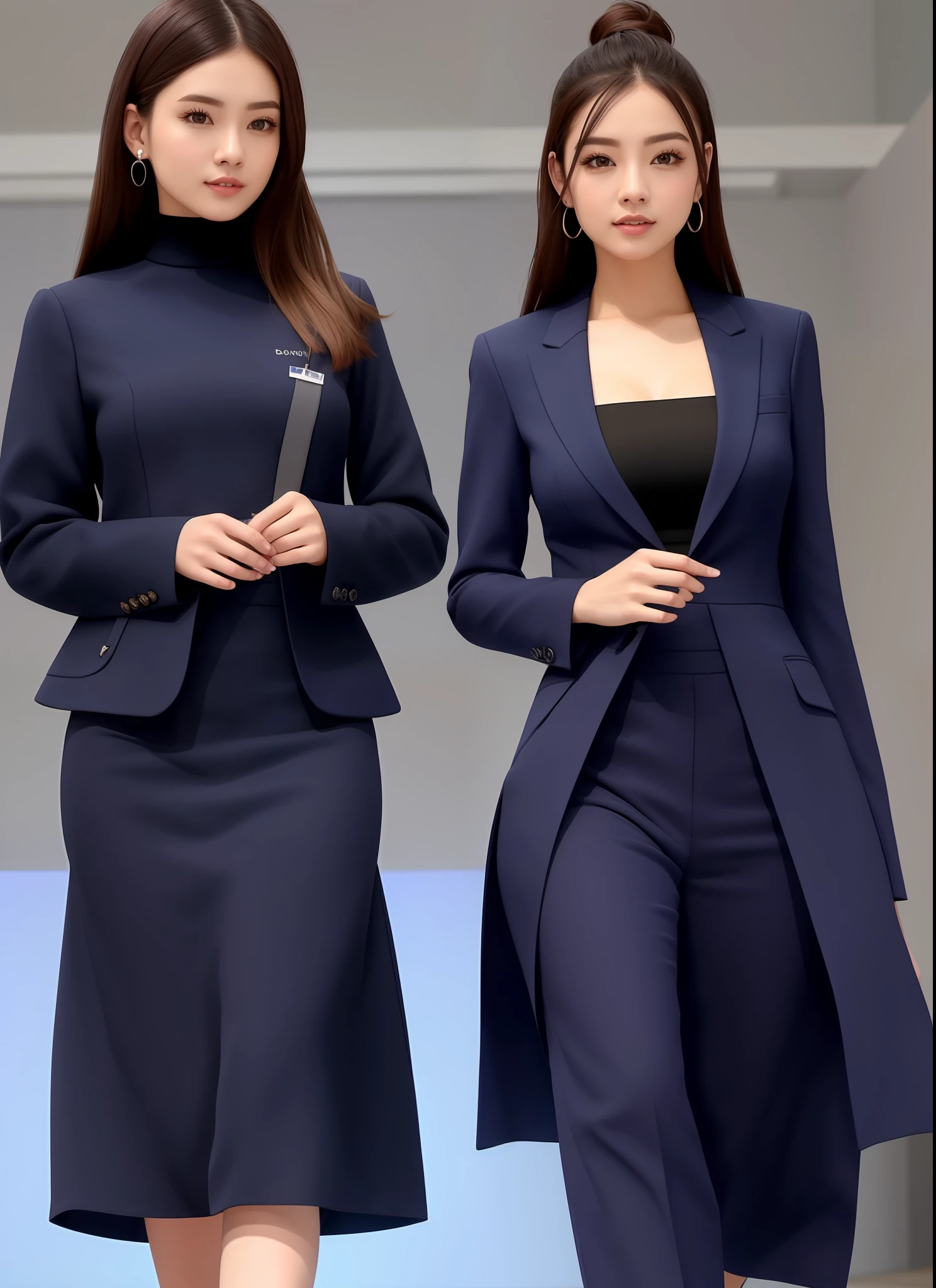 European style, European version, office industry, formal occasions, professional uniform, fashionable style, clear lines, blue background, simple atmosphere, require a full set of effects, use more suitable models to show, walking on the catwalk, catwalk walking, stage walking, the front can see the overall effect, the customer wants the overall effect, the customer requires the front, the overall effect can be seen clearly, can see the style at a glance,