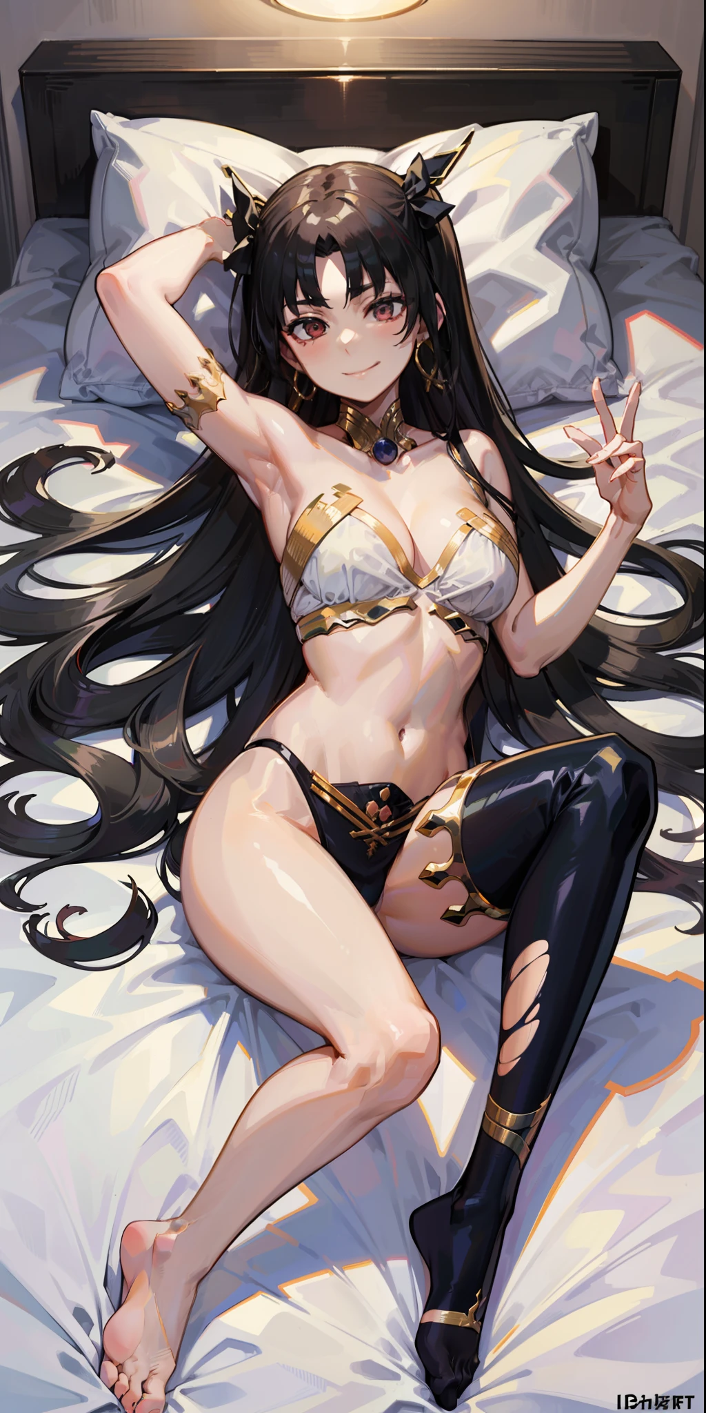 No bra, sexy lingerie, no bra, pantyhose very torn, torn, ishtar, fate, grabbing breasts, white skin, pale, day hotel room, lying in bed, sensual smile, 4k, best quality, masterpiece, beautiful body, sensual, whole body