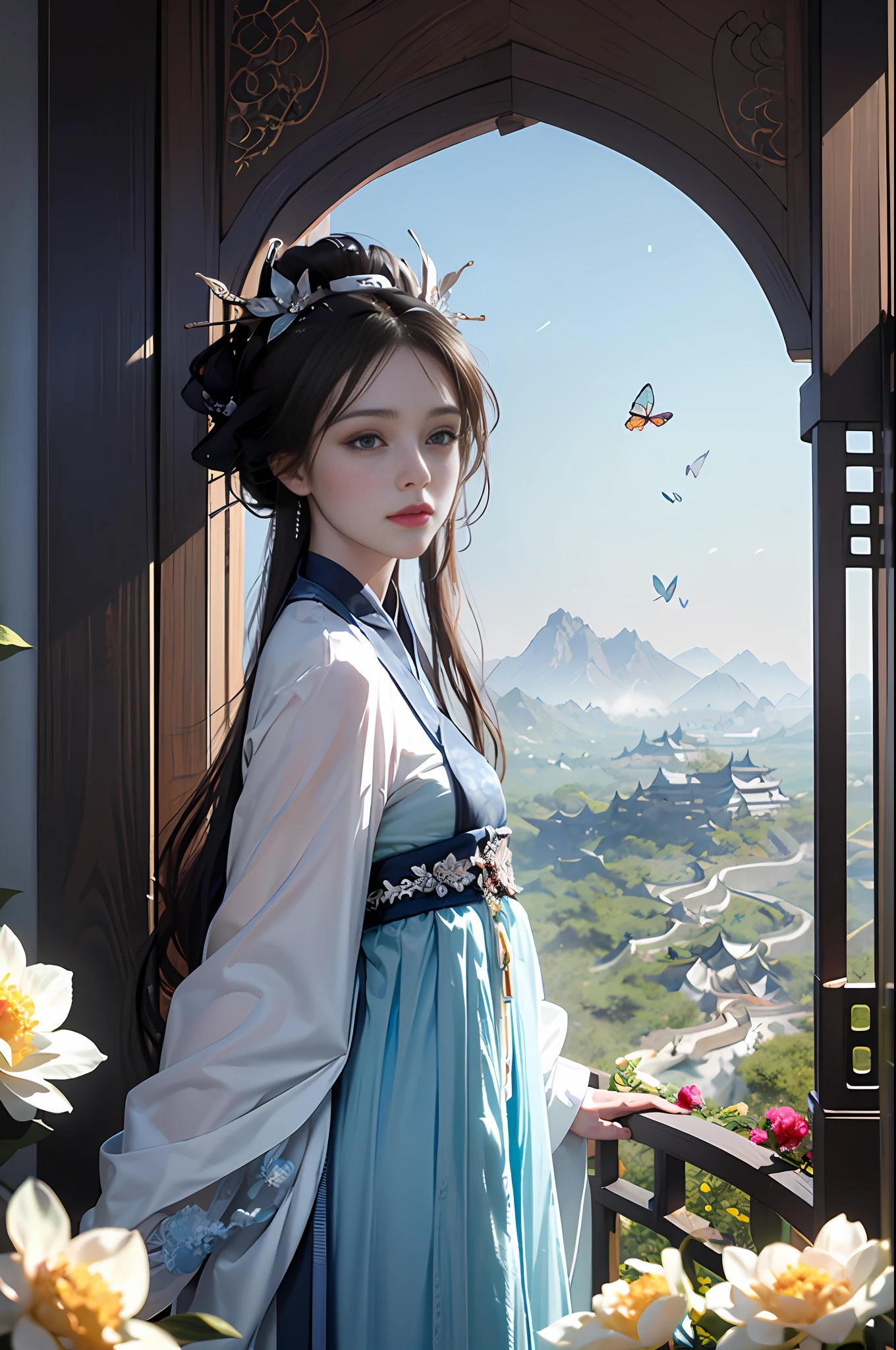 official art, Unity 8k wallpaper, super detailed, beautiful, beautiful, masterpiece, best quality, mystery, romanticism, horror, literature, art, fashion, tang dynasty era, decoration, intricate, embroidery, blue hanfu, white tulle coat, 1 girl, black hair, peony hairpin, sad, fatalistic, bust composition, dramatic composition, movie lighting, dynamic perspective, full of temptation, white flowers, blue flowers, red flowers, butterflies flying, Chinese dynasty garden background, hazy, foggy, dramatic composition,