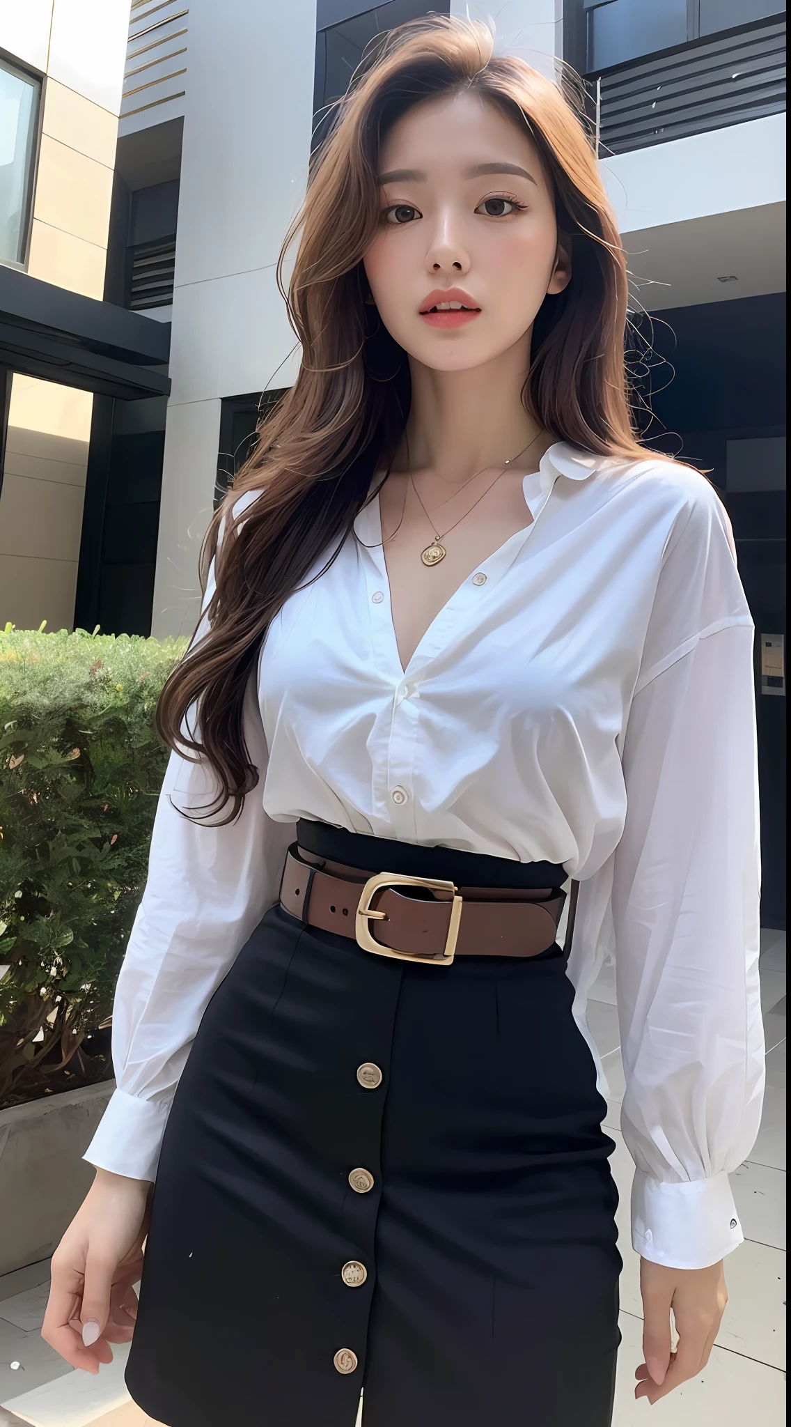 (Best quality, High resolution, Masterpiece :1.3), A tall and pretty woman, Slender abs, Dark brown hair styled in loose waves, Breasts, Wearing pendant, White button up shirt, Belt, Black skirt, (Modern architecture in background), Details exquisitely rendered in the face and skin texture, Detailed eyes, Double eyelid