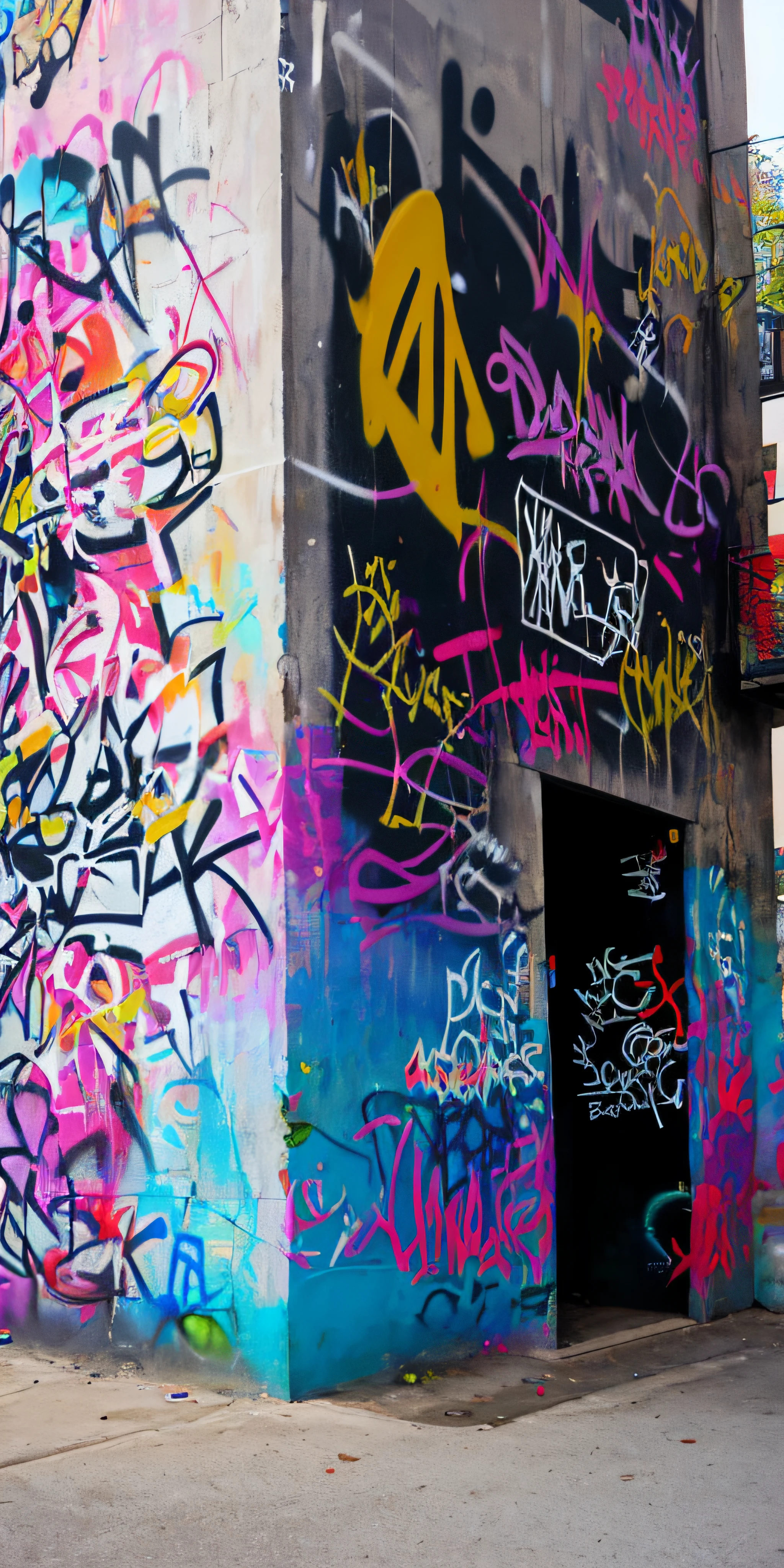 wall background with graffiti, colorful writings, street art