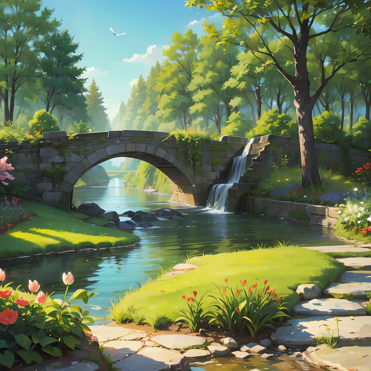 At dusk, green trees, willows flying, surrounded by blue water, small bridges and flowing water, antique color, floral fragrance, warm as jade, birds singing and flowers, water town paintings, leisurely, real photography, 16K resolution --auto