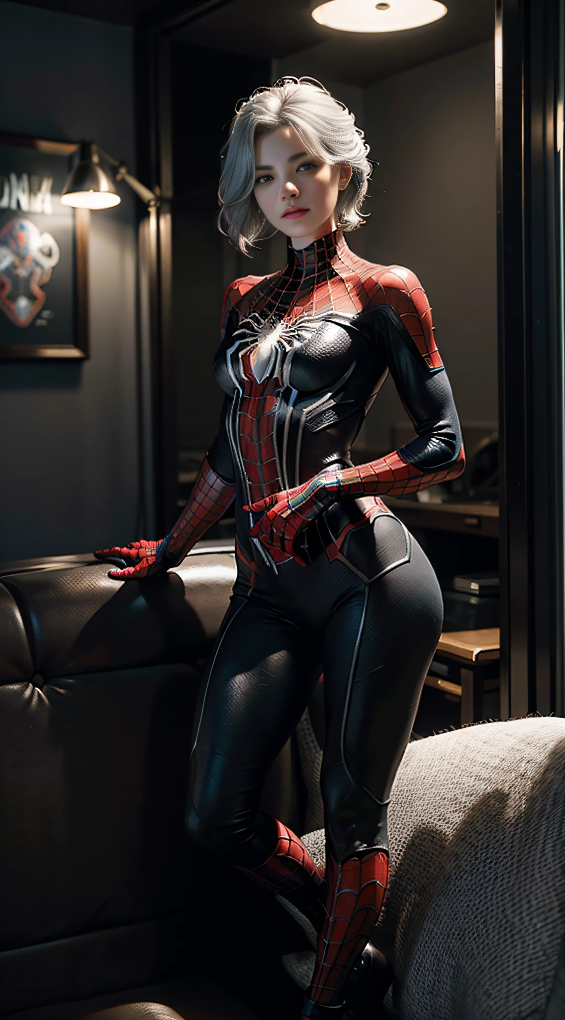 (Extreme Detail CG Unity 8K wallpaper, masterpiece, highest quality), (Exquisite lighting and shadow, highly dramatic picture, Cinematic lens effect), a girl in a white Spider-Man costume, silver gray hair color, from the Spider-Man parallel universe, Wenger, Marvel, Spider-Man, sitting on the couch, dynamic pose), (excellent detail, excellent lighting, wide angle), (excellent rendering, enough to stand out in its class), focus on white Spider-Man costumes, complex spider textures