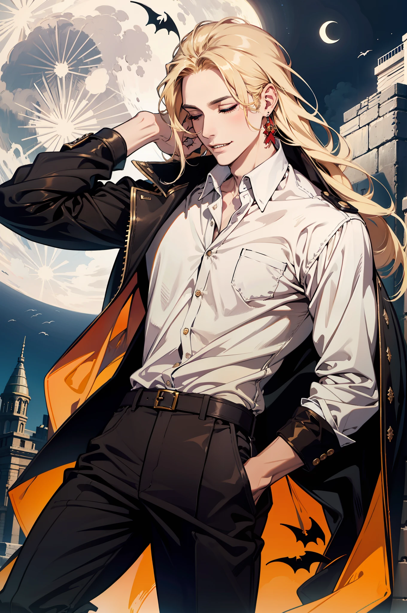 (absurdres, highres, ultra detailed), 1man, 30 years old man, adult man, handsome, tall,, finely detailed eyes and detailed face, brown leather pants, white shirt, night, smile, dutch angle, ((long hair, blonde hair)), moon, gold details, earrings, gothic, vampire, vampire prince, dark, simple clothes, looking at the view, pale skin, detailed eyes, (masculine), sexy, elegant, long bangs, closed eyes, smirk