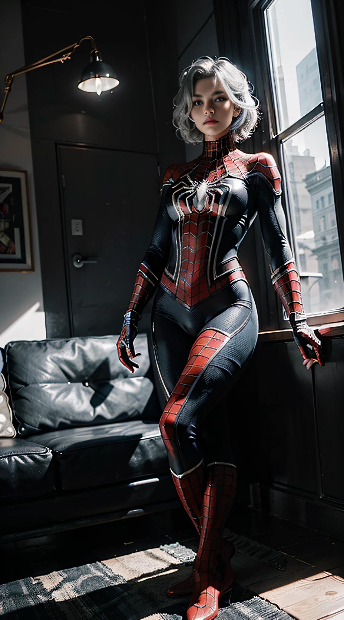 (Extreme Detail CG Unity 8K wallpaper, masterpiece, highest quality), (Exquisite lighting and shadow, highly dramatic picture, Cinematic lens effect), a girl in a white Spider-Man costume, silver gray hair color, from the Spider-Man parallel universe, Wenger, Marvel, Spider-Man, sitting on the couch, dynamic pose), (excellent detail, excellent lighting, wide angle), (excellent rendering, enough to stand out in its class), focus on white Spider-Man costumes, complex spider textures