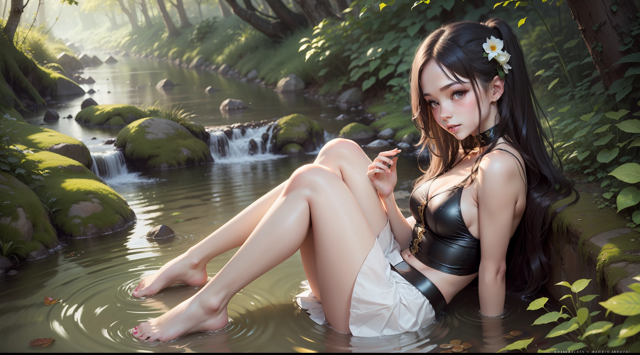 Maiden, playful, beautiful, soft, by the stream, barefoot, bareleged, long legs, picture ratio 16:9, bright eyes. Delicate face, long skirt
