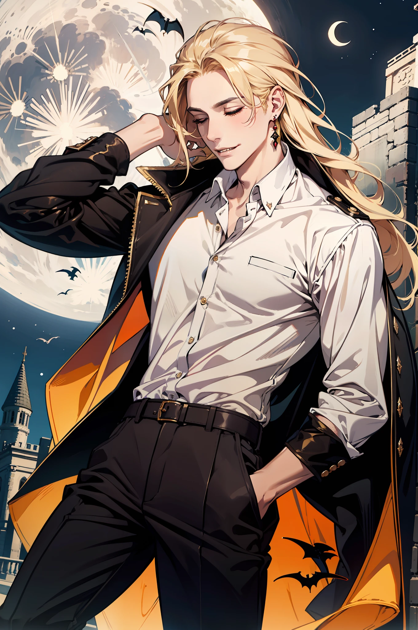 (absurdres, highres, ultra detailed), 1man, 30 years old man, adult man, handsome, tall,, finely detailed eyes and detailed face, brown leather pants, white shirt, night, smile, dutch angle, ((long hair, blonde hair)), moon, gold details, earrings, gothic, vampire, vampire prince, dark, simple clothes, looking at the view, pale skin, detailed eyes, (masculine), sexy, elegant, long bangs, closed eyes, smirk