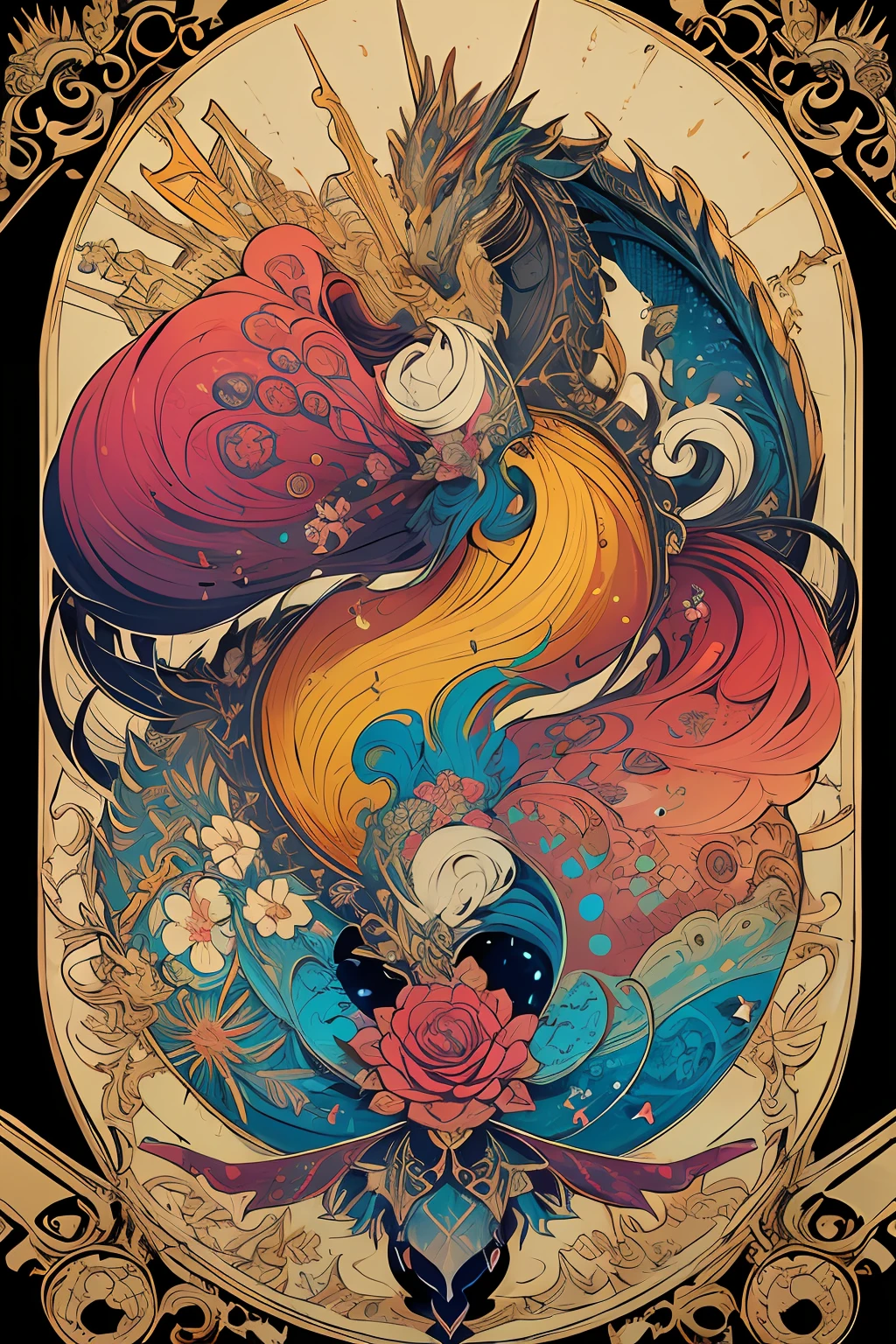 (Masterpiece, Top Quality, Best Quality, Official Art, Beautiful and Aesthetic: 1.2), (1 Dragon: 1.2), (4 Women: 1.3), Highly Detailed, (Fractal Art: 1.1), (Colorful: 1.1) (Flower: 1.3), Supreme Detail, (Zentangle: 1.2), (Dynamic Pose), (Abstract Background: 1.3), (Knight of the Fantasy World: 1.2), (Shiny Skin), (Many Colors: 1.4), (Earrings: 1.4), (Mandala: 1.4), (Brightly colored Mandala: 1.4), Four Heavenly Kings, Fantasy
