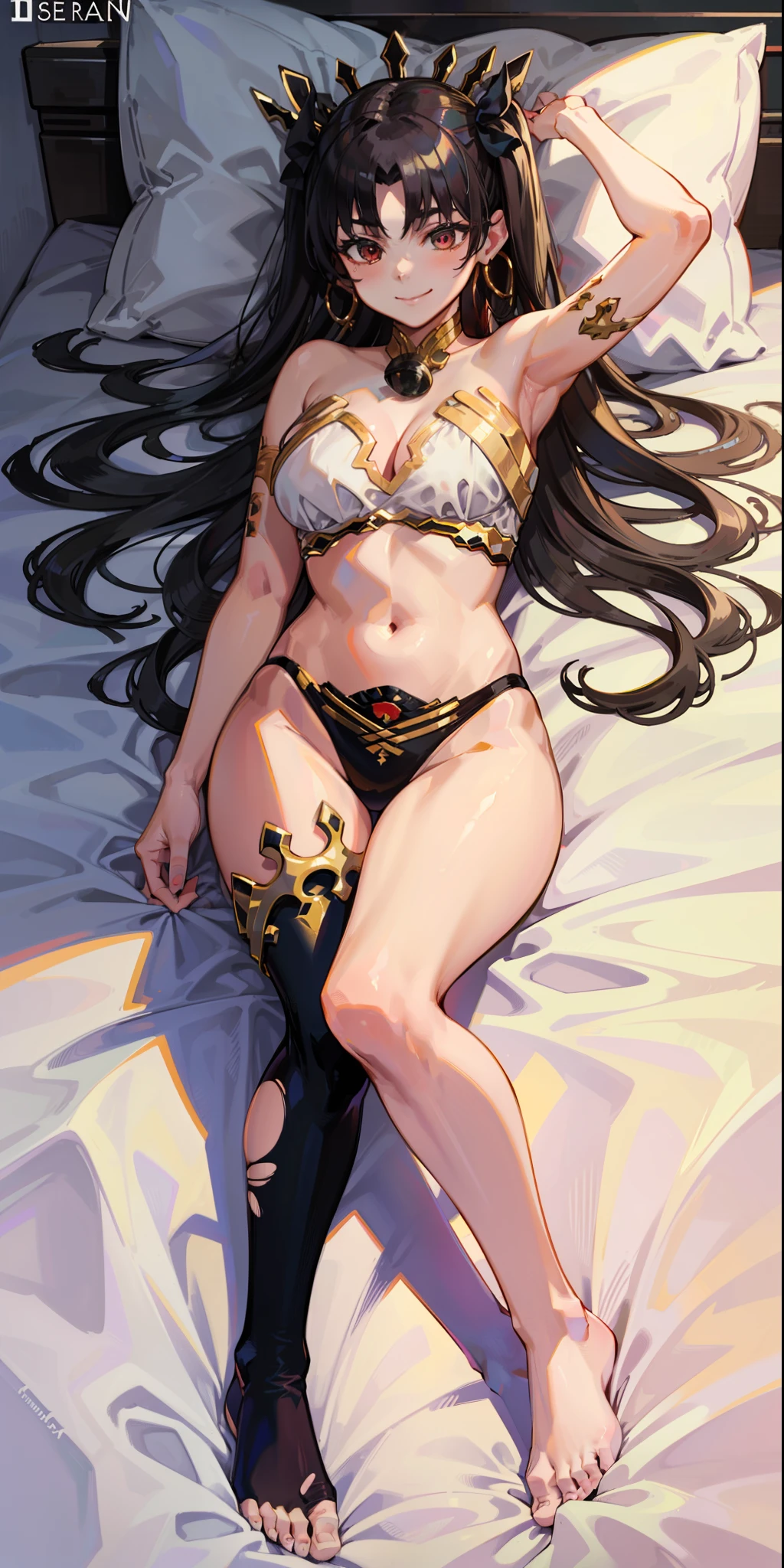 No bra, sexy lingerie, no bra, pantyhose very torn, torn, ishtar, fate, day hotel room, lying in bed, sensual smile, 4k, best quality, masterpiece, beautiful body, sensual, whole body