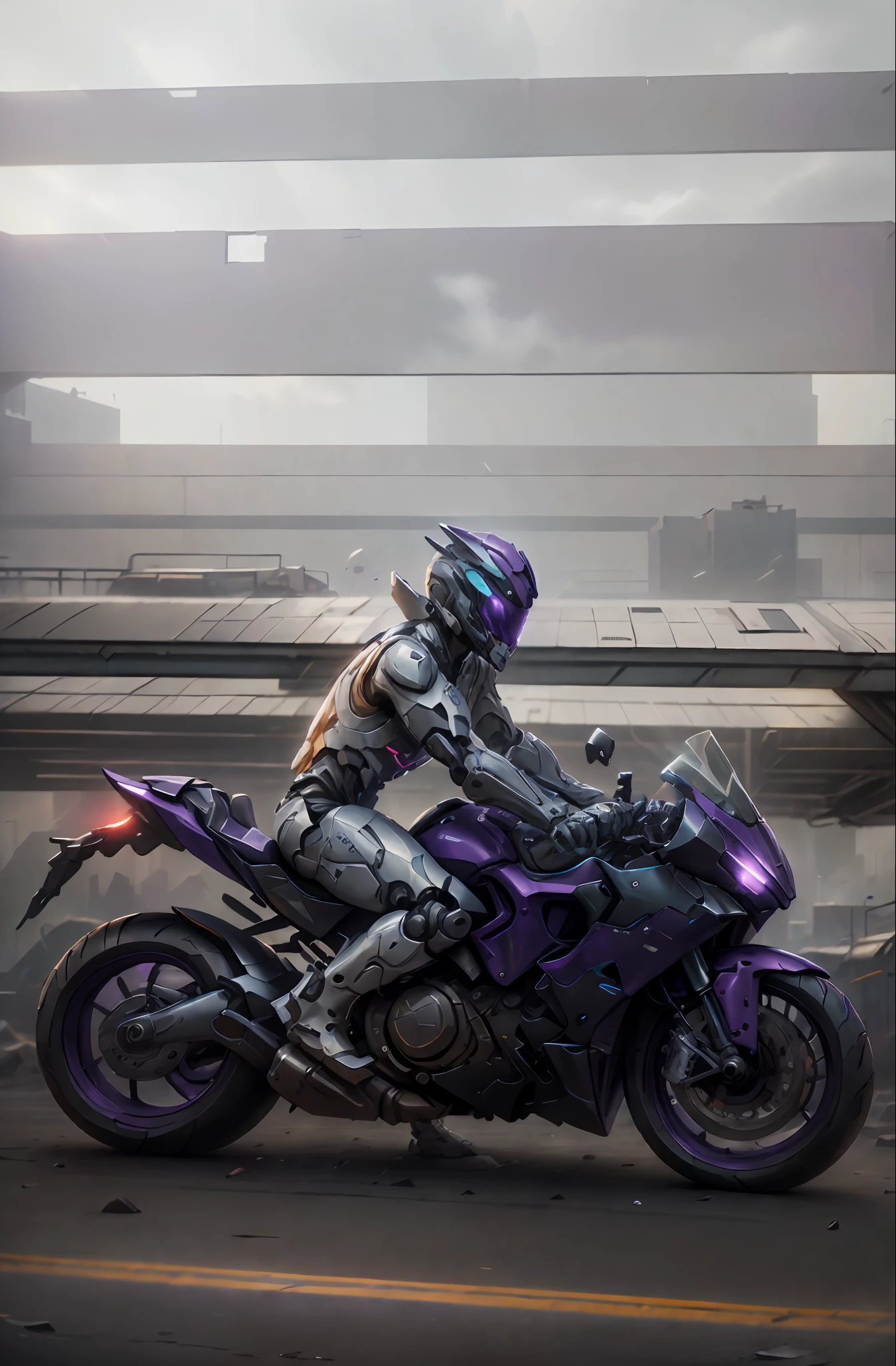 This is a CG Unity 8k wallpaper with ultra detail, high resolution and top quality in cyberpunk, official art, white shoes, black robotic arm, (a man riding a purple Ducati motorcycle), road guardrail in the background, unified 8k wallpaper, ultra-detailed, aesthetic, masterpiece, best quality, surreal and intricate details, portrait of a military robot, (lots of carbon fiber elements) warframe, complete robot helmet, character design, detailed helmet.
