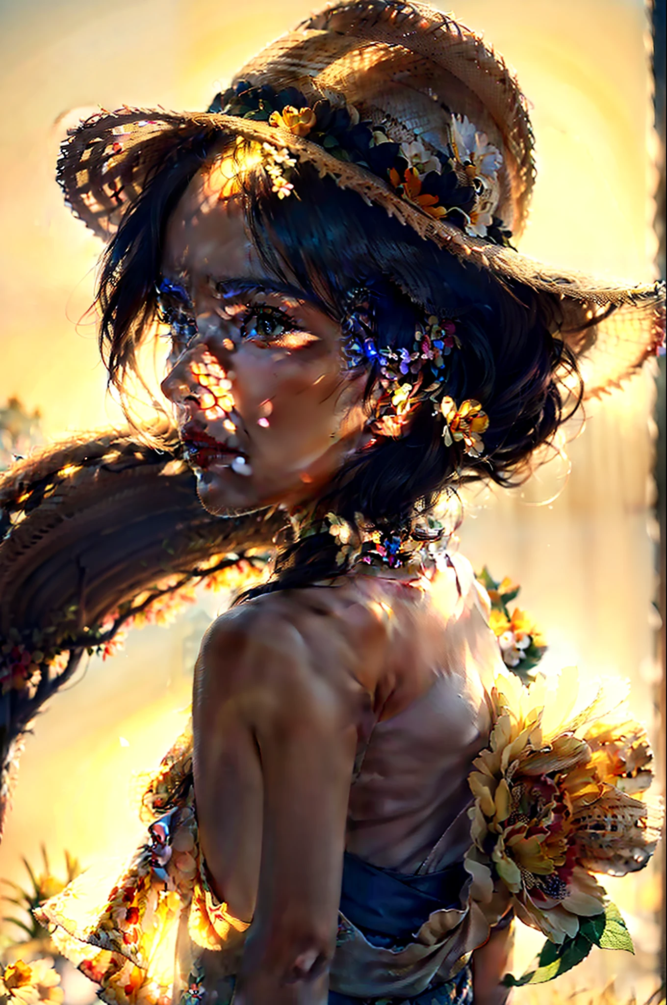 (extreme close up:1.5), (face focus:2),(Style of ???? ???:1.5),
((side face:2)),(1girl surrounded by soft_light:1.5), (backlighting:1.8), (lighting),(flowing fabric:1.3), ((Floral_summer_dress:1.5),(Straw_hat:1.3)),
(masterpiece), realistic, HDR, highly detailed, 8k, raw photo,
ambient occlusion, natural, harmonious composition, warm tones, fine art photography,