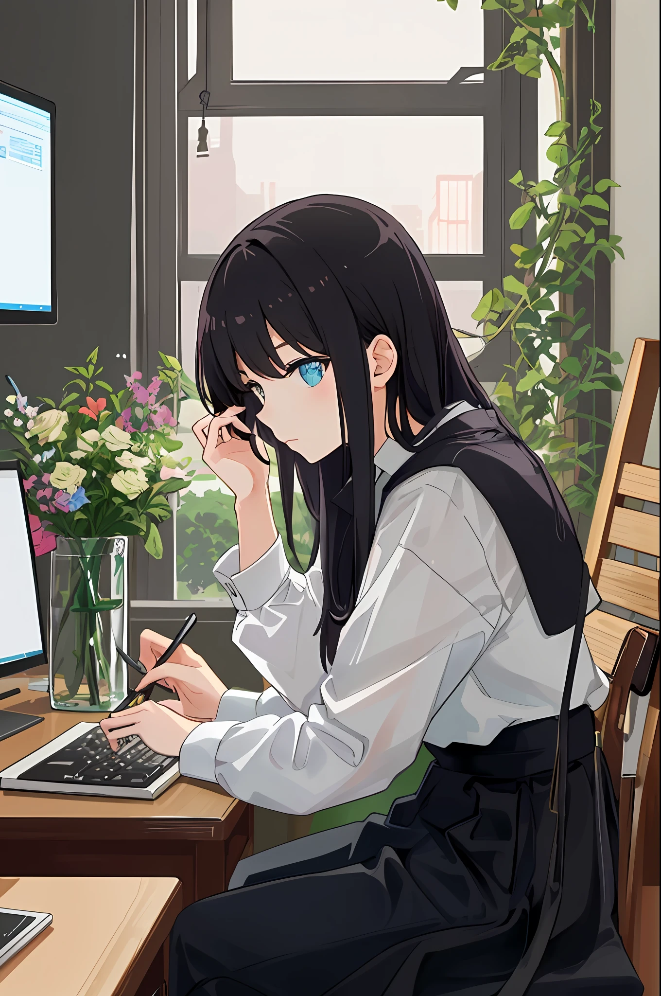 A woman sitting at a computer at a desk with gorgeous flowers in the background, painted by Victo Ngai.