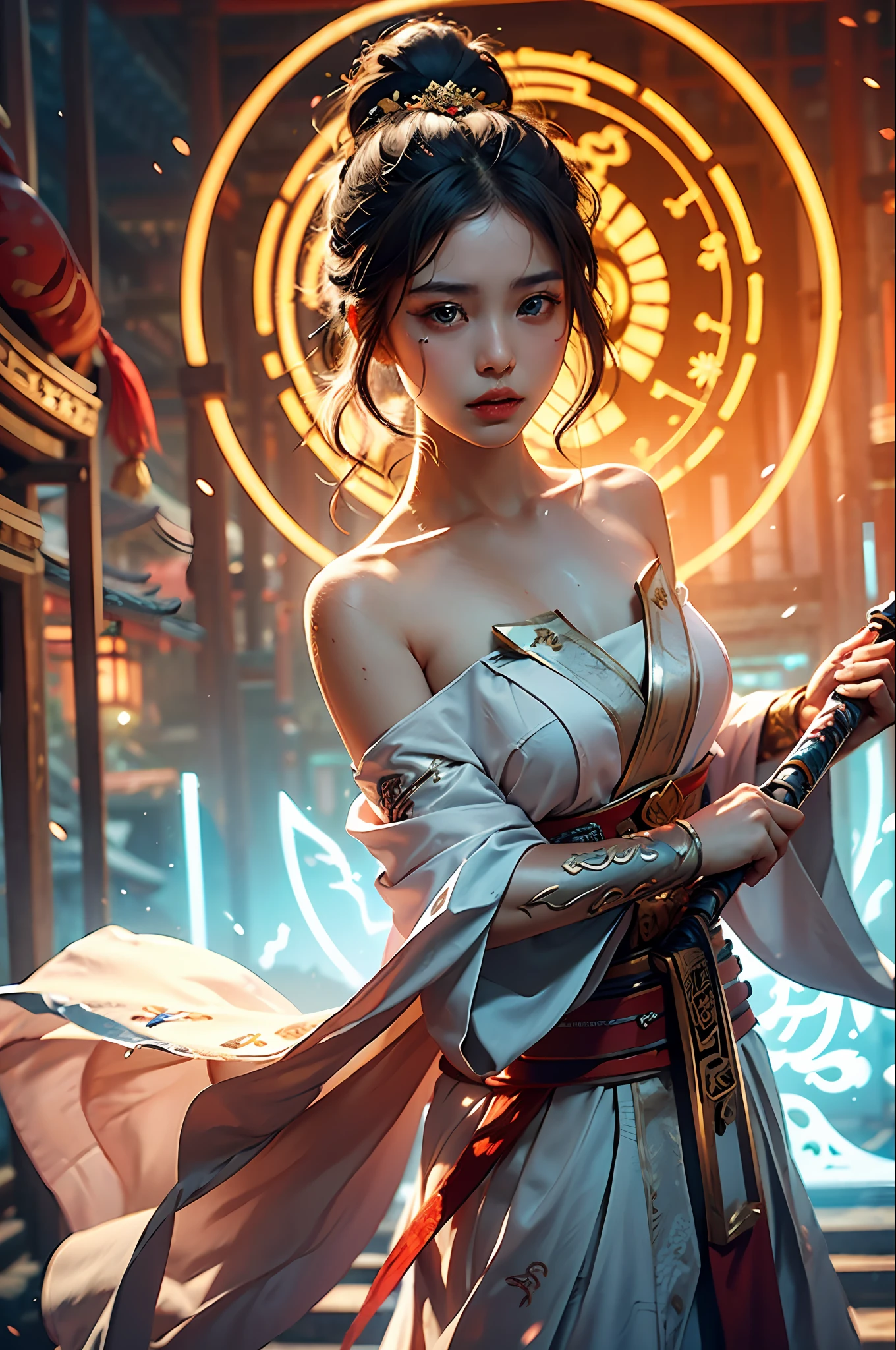 Best Quality, Masterpiece, Ultra High Resolution, (Realistic: 1.4), Xiuxian, Weapon, Detail Face,
1 Girl, Solo, Weapon, (Magic Circle: 1.2), Xiuxian, Naked, Perfect Shoulders, Upper Body, Beautiful Girl, East Asian Architecture, Sheath, Building,