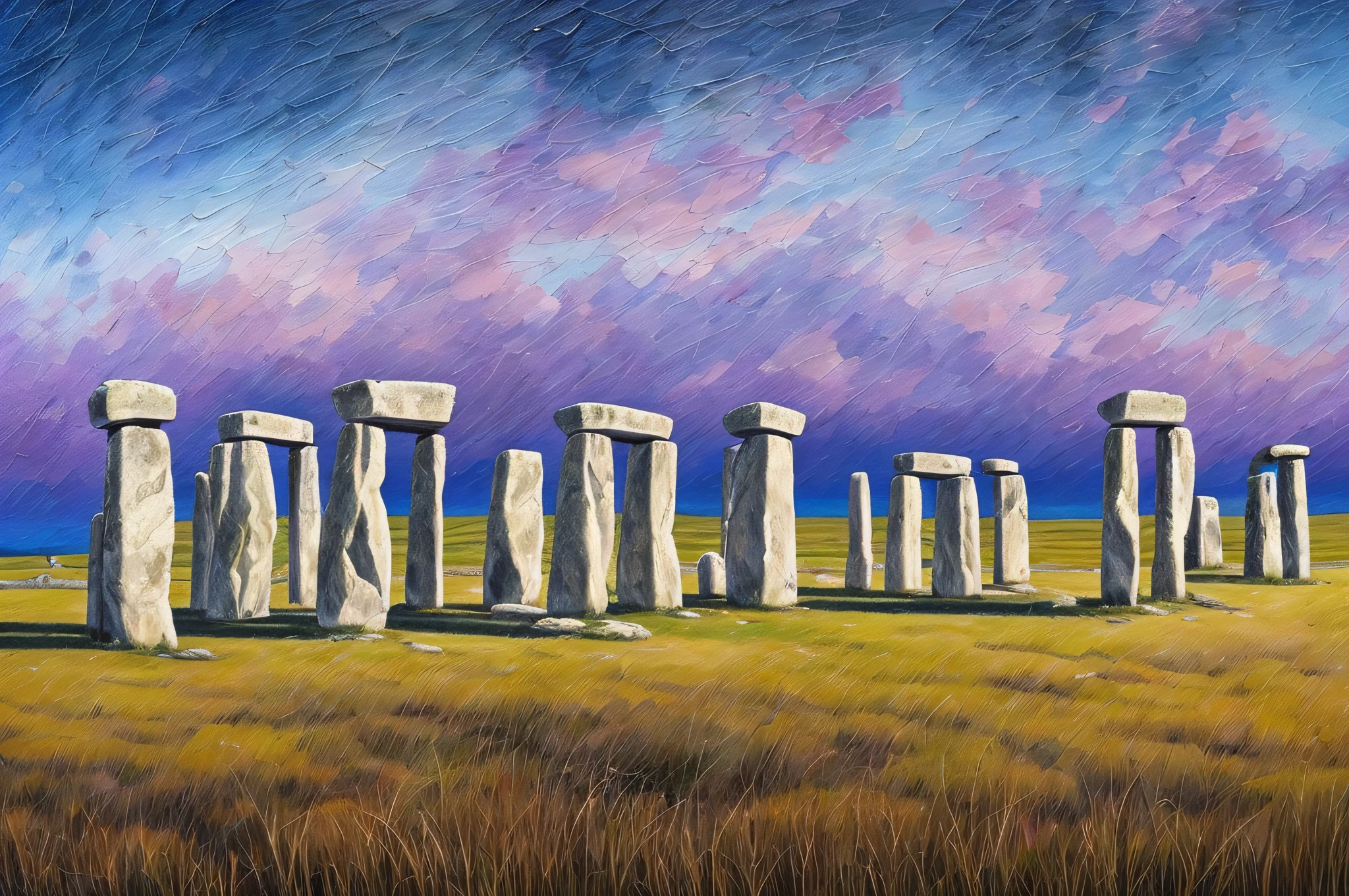 Create a captivating oil painting that captures the enigmatic allure of Stonehenge, surrounded by the timeless landscape of Salisbury Plain. The composition should convey a wide view, showcasing the majestic stones rising against the backdrop of an ancient and mystical terrain. Employ a color palette that blends deep purples, rich blues, and misty grays to evoke a sense of mystery and enchantment. Let the brushstrokes capture the vastness of the landscape, where the interplay of light and shadow adds depth and texture. The image should evoke a sense of awe and curiosity, inviting viewers to explore the mystical aura that surrounds Stonehenge. This oil painting masterpiece aims to transport you to a realm where the ancient and the mystical converge.