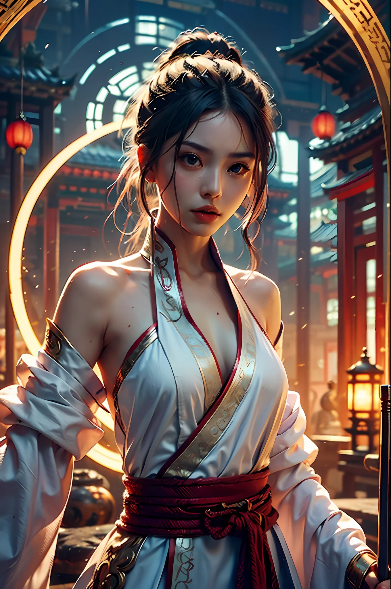 Best Quality, Masterpiece, Ultra High Resolution, (Realistic: 1.4), Xiuxian, Weapon, Detail Face,
1 Girl, Solo, Weapon, (Magic Circle: 1.2), Xiuxian, Naked, Perfect Shoulders, Upper Body, Beautiful Girl, East Asian Architecture, Sheath, Building,