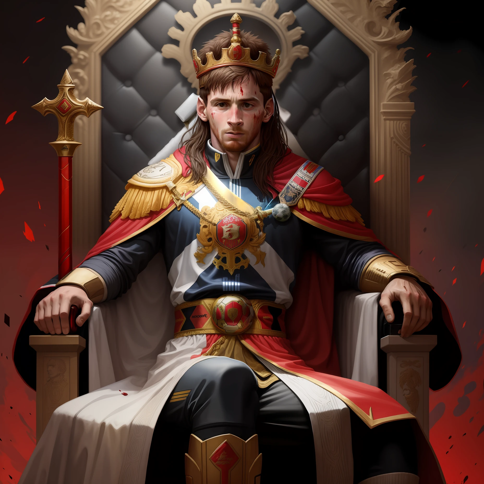 Soccer player Messi, with sword, blood on his face, sitting looking up