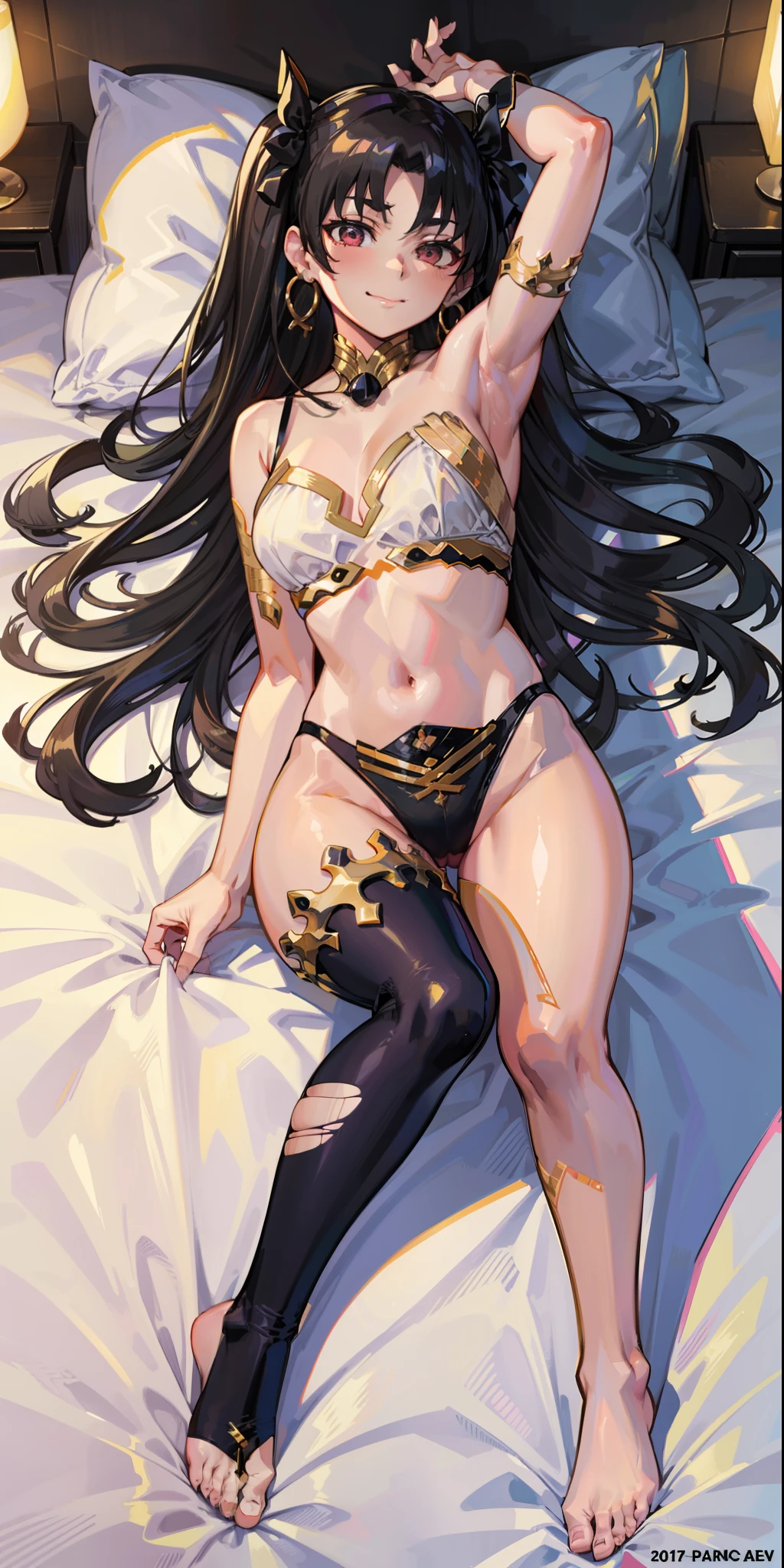 No bra, sexy lingerie, no bra, pantyhose very torn, torn, ishtar, fate, day hotel room, lying in bed, sensual smile, 4k, best quality, masterpiece, beautiful body, sensual, whole body