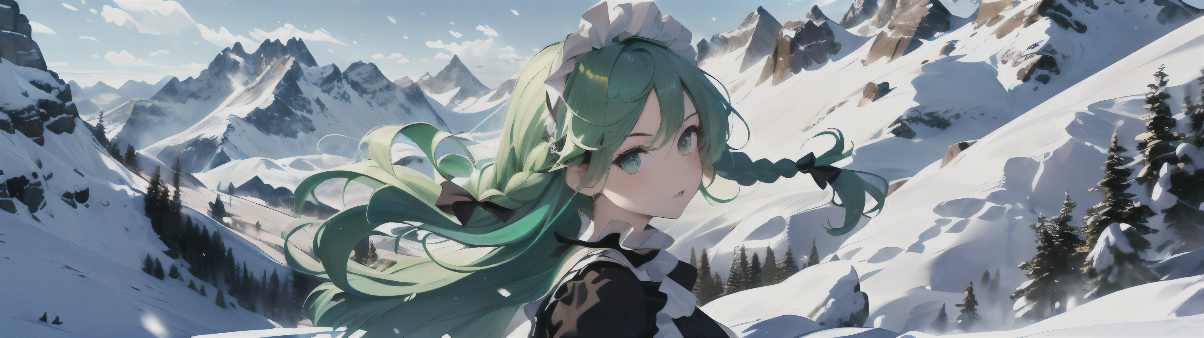((Ultra High Quality), (Ultra High Definition), (Masterpiece), Dual Display Wallpaper, (Girl with Green Hair in Braids: 1.3), Black Maid Outfit, Fluttering in the Wind, 140cm tall, Beautiful Eyes, (((View) Alpine Peak), Strong Wind, Snowstorm, Cowboy Shot)