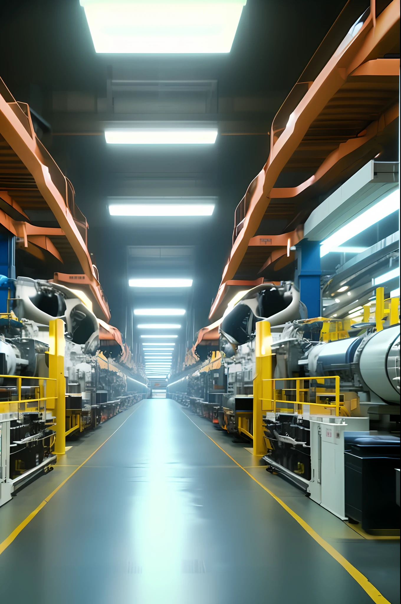 interior of an engine factory, assembly line, no people, real manufacturing process, ultra high quality, high definition, 8k, high color contrast (best quality) (detailed description)