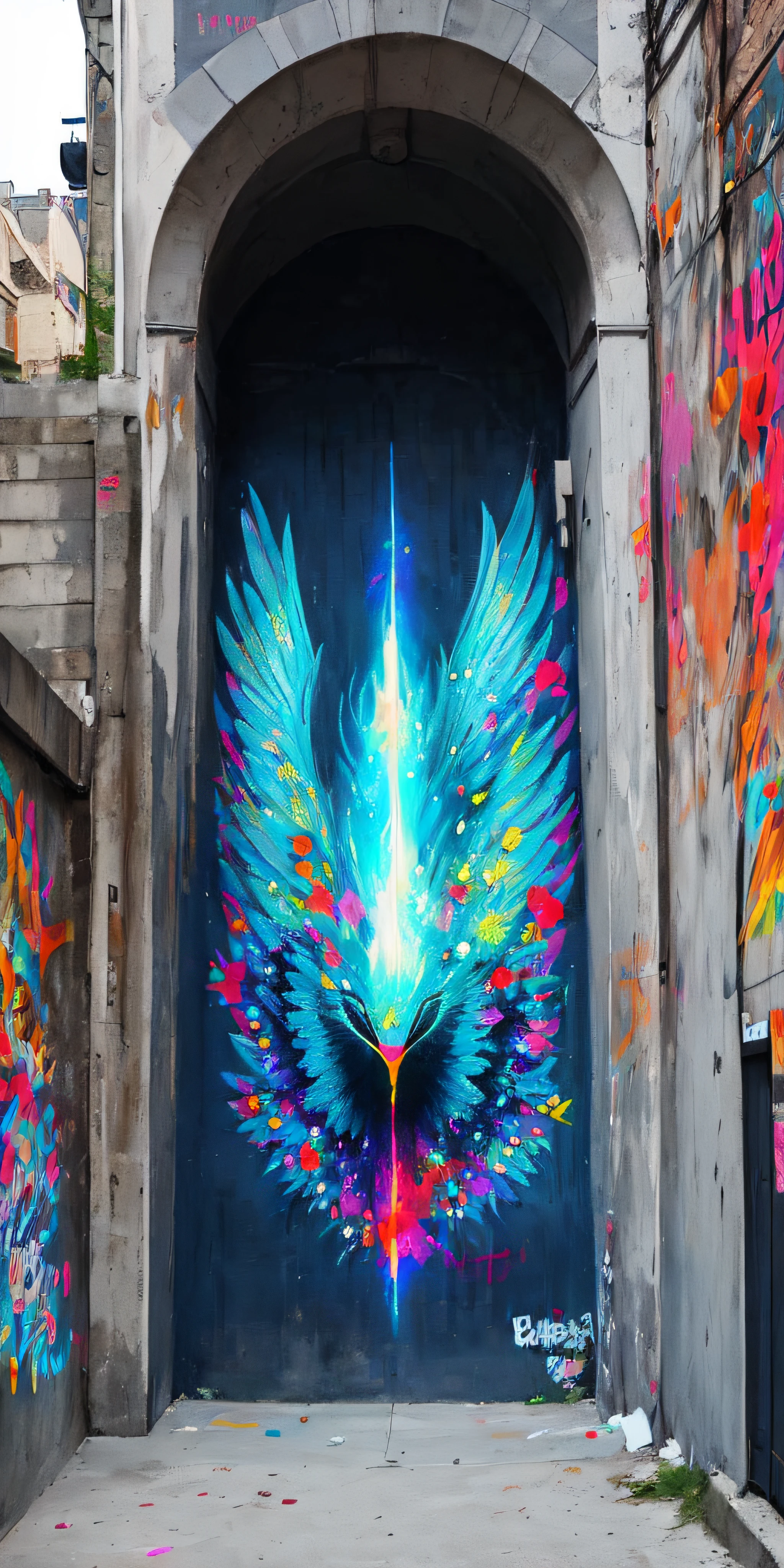 street art, colorful, writing, straight wall, wings