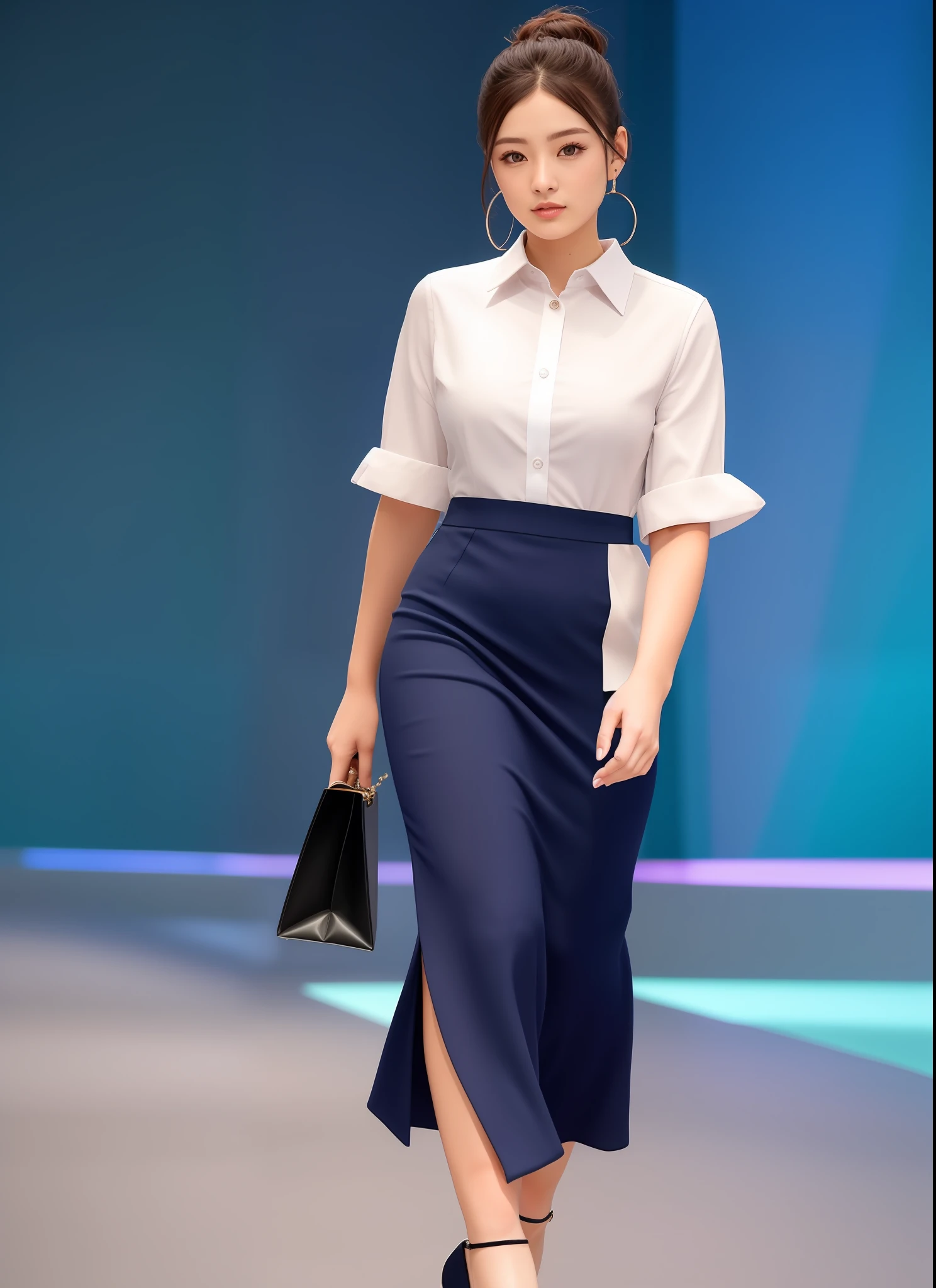 European style, European version, office industry, formal occasions, professional uniform, fashionable style, clear lines, blue background, simple atmosphere, require a full set of effects, use more suitable models to show, walking on the catwalk, catwalk walking, stage walking, the front can see the overall effect, the customer wants the overall effect, the customer requires the front, the overall effect can be seen clearly, can see the style at a glance,