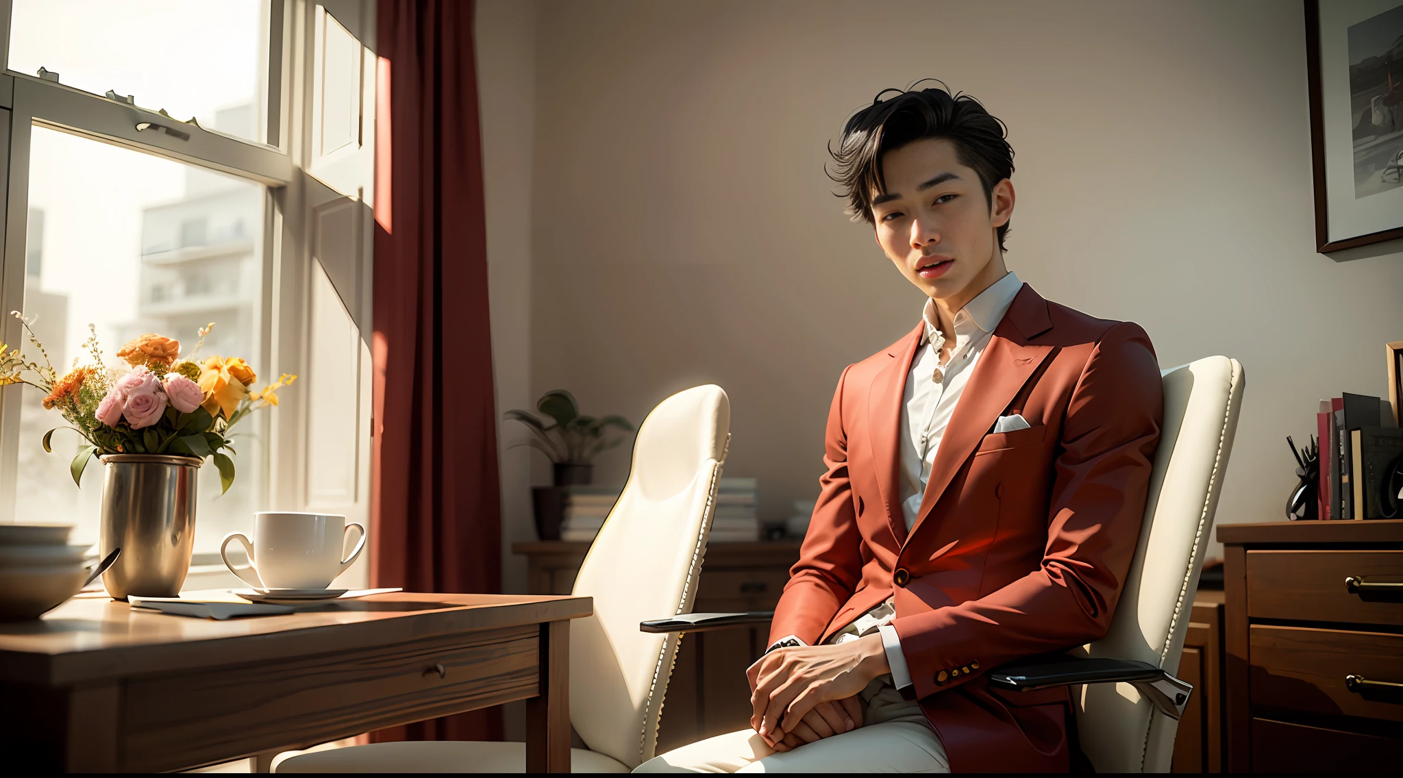 A stylish boy in a red suit, sitting on a white chair, in a white room where a lot of money is flying, stylish and happy, the art of Rin Kawauchi, in the style of naturalistic poses, in the style of Gucci, centered composition, simulation film, interior view, ::4k super detail, fantastic lofiphotography, colorful, covered in sunlight and money, interior view, shot on Fujifilm XT4,