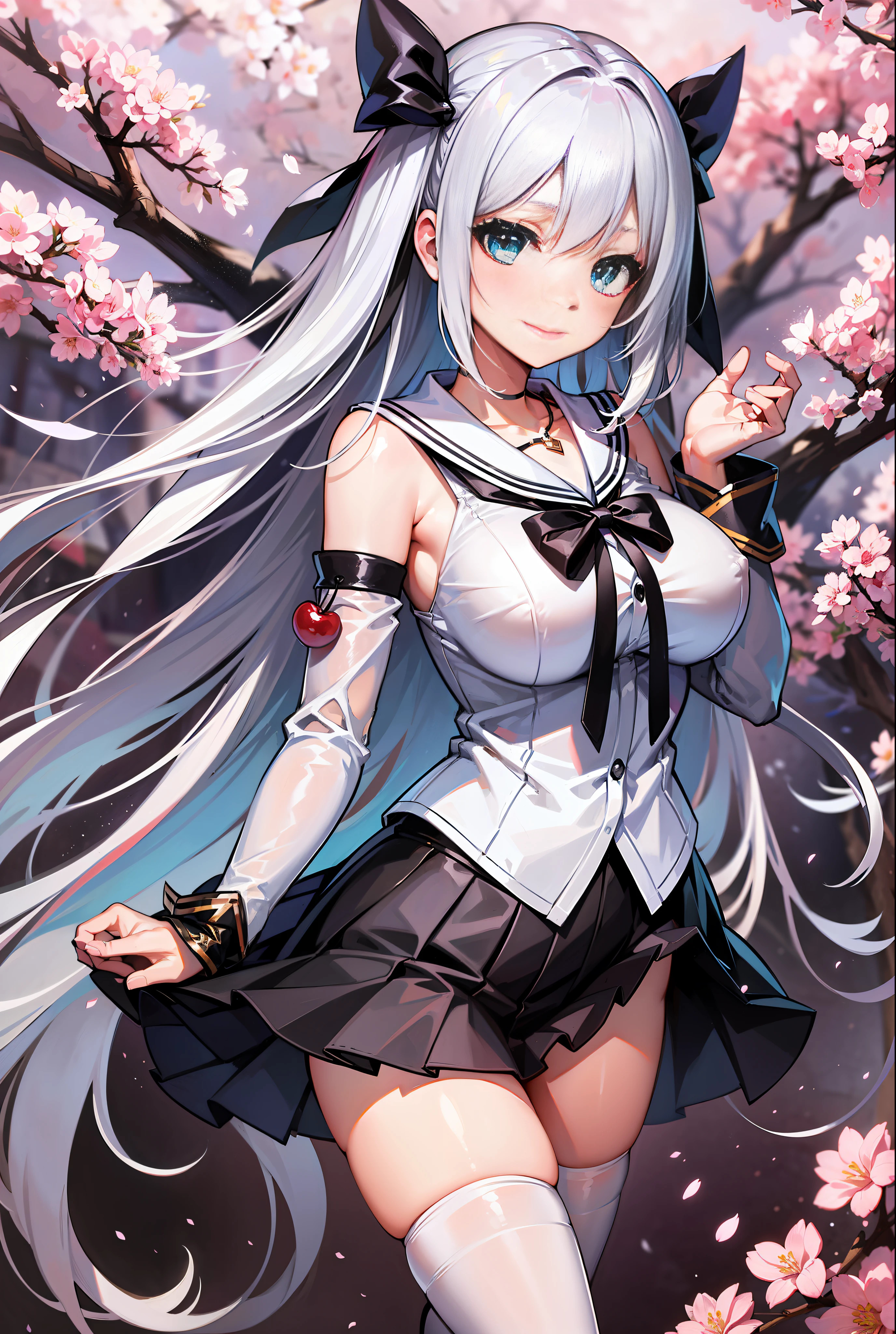 Long shot,Defined ‘real’ light source,1girl,breast focus,looking at viewer,smile,light smile,looking at viewer,aqua eyes,shy,very long hair,black hair,white hair,silver hair,blonde hair,huge breasts,wet,zettai ryouiki,school uniform,ribbon-trimmed sleeves,pleated skirt,miniskirt,white stocking,white pantyhose,necklace,hair bow,torn thighhighs,bow,hair ribbon,in spring,floating sakura,cherry tree,cherry blossoms,colorful startrails,Medium shot
